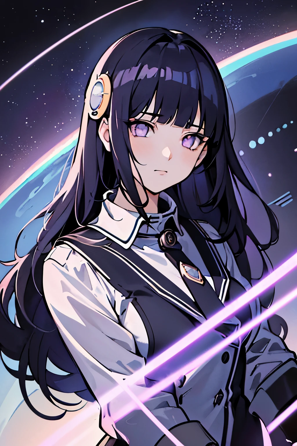 best quality, (masterpiece), Super detailed, (Novel Illustrations:1.2), (Korean web comic style:1.2), (thick line), (high resolution:1.2), dramatic light, 1 girl, observatory, looking at space through long Telescope, space, planet, meteor, light lines among planet, Look up, beautiful face, cogs,blunt bangs, purple eyes, dark blue long curly hair,a girl