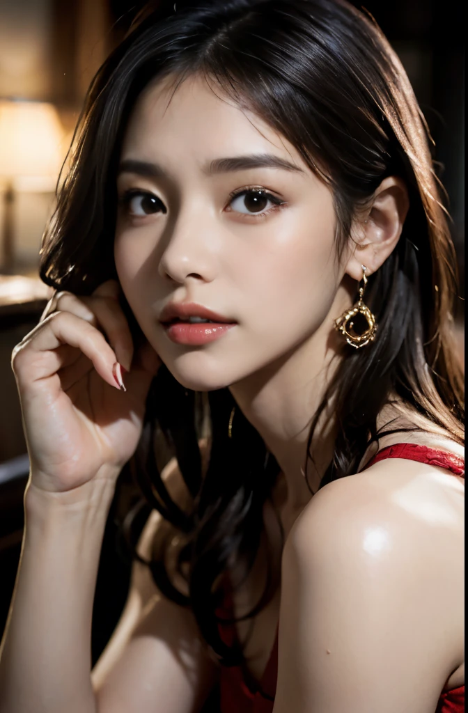 8k, RAW photo, fujifilm, Beautiful 45 year old woman style photo, square face, red rose on neck, wearing a red and black lace dress, gold earrings, Strong features like a spinning pigeon, (highly detailed skin: 1.2), light medium brown hair, film grain, 35mm, cute style、(dripping sweat、oil skin,sparkling skin、realistic skin texture、detailed beautiful skin、shiny skin、shiny skin)、(full shot:1.8)、beautiful feet、Amitants、