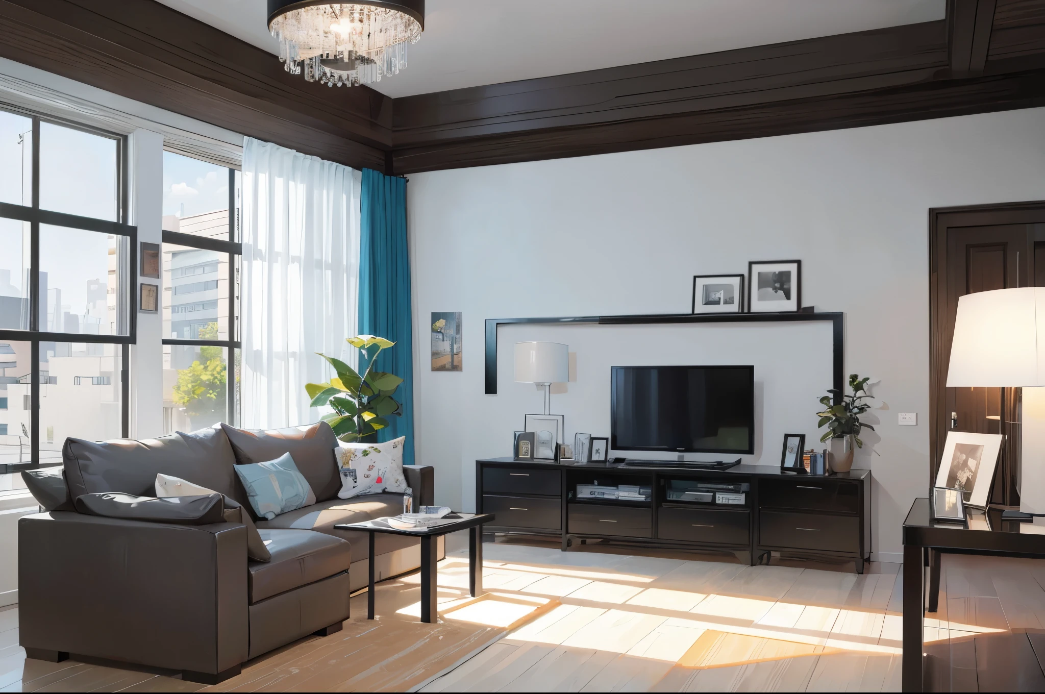 High resolution, super detailed, living room in modern house,modern,space, scene,Less stuff