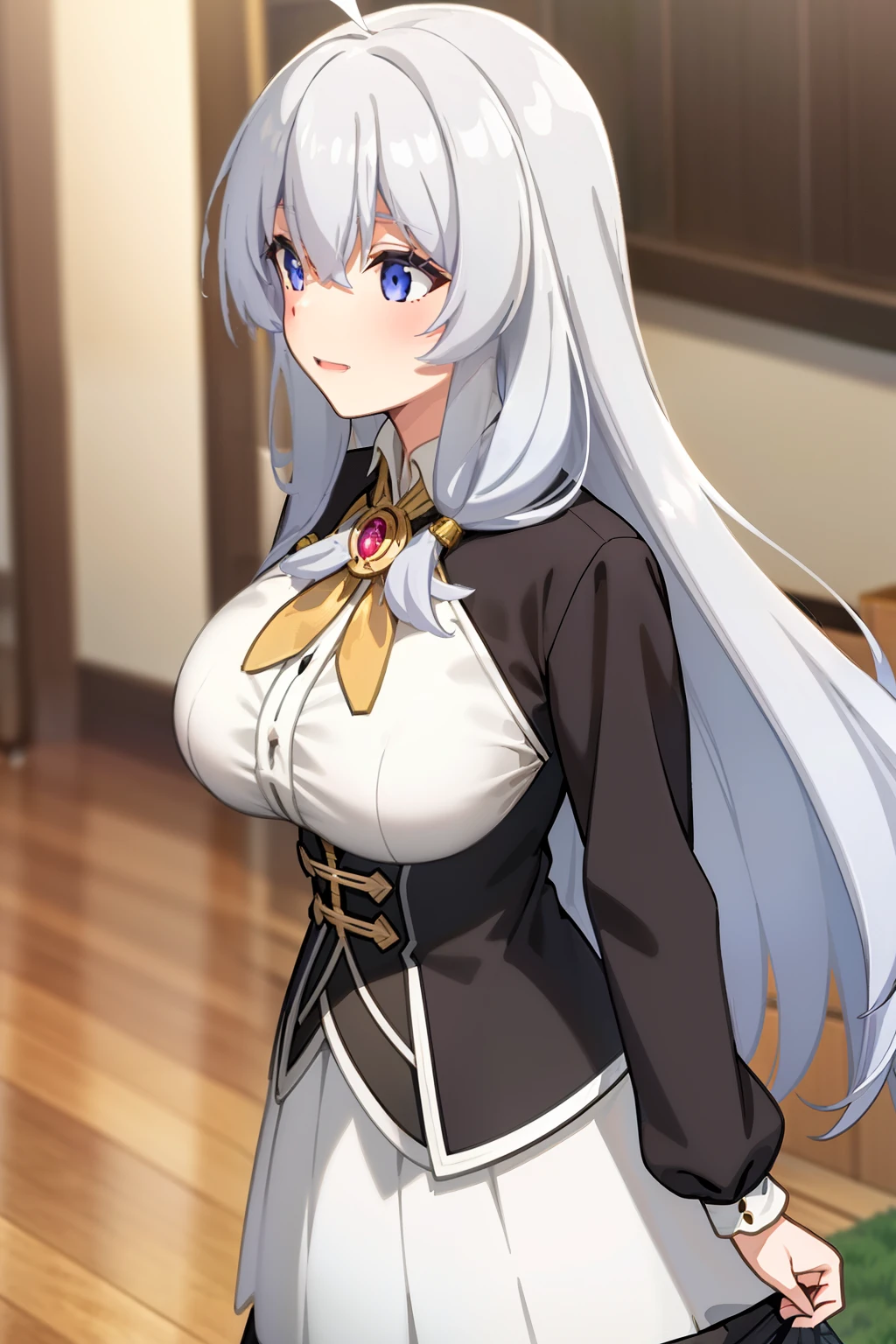 elaina,elaina\(long_sleeved_shirt\),elaina\(skirt\), (masterpiece:1.6, best quality), shiny hair, long hair, shiny , big breast happy,indoors,depth of field, 