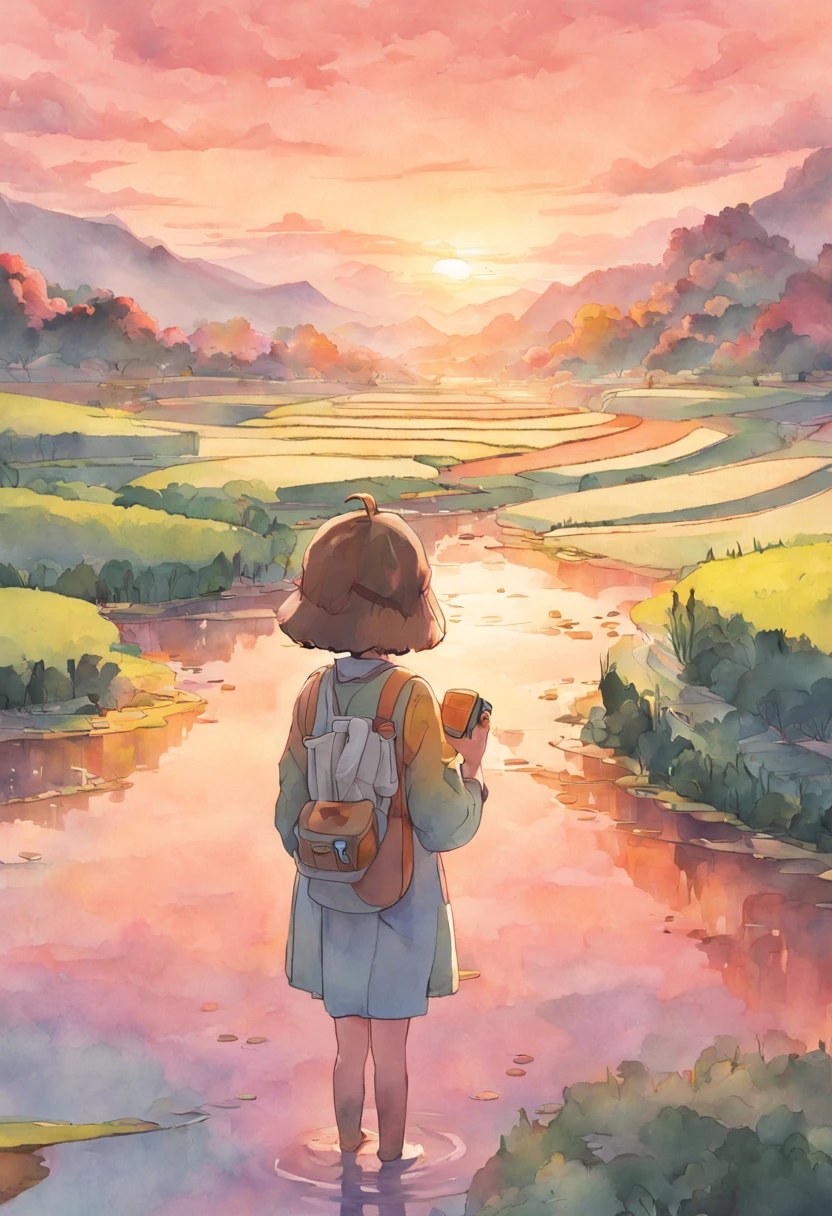 Digital Illustration, A farmer tending to the rice paddy fields during a vibrant sunset, with reflections of the pink and orange sky in the watelled terraces, Art Styles: Watercolor, Art Inspirations: Studio Ghibli, Camera: 35mm, Shot: medium shot, Render Related Information: high resolution, soft light, color splash, aesthetic