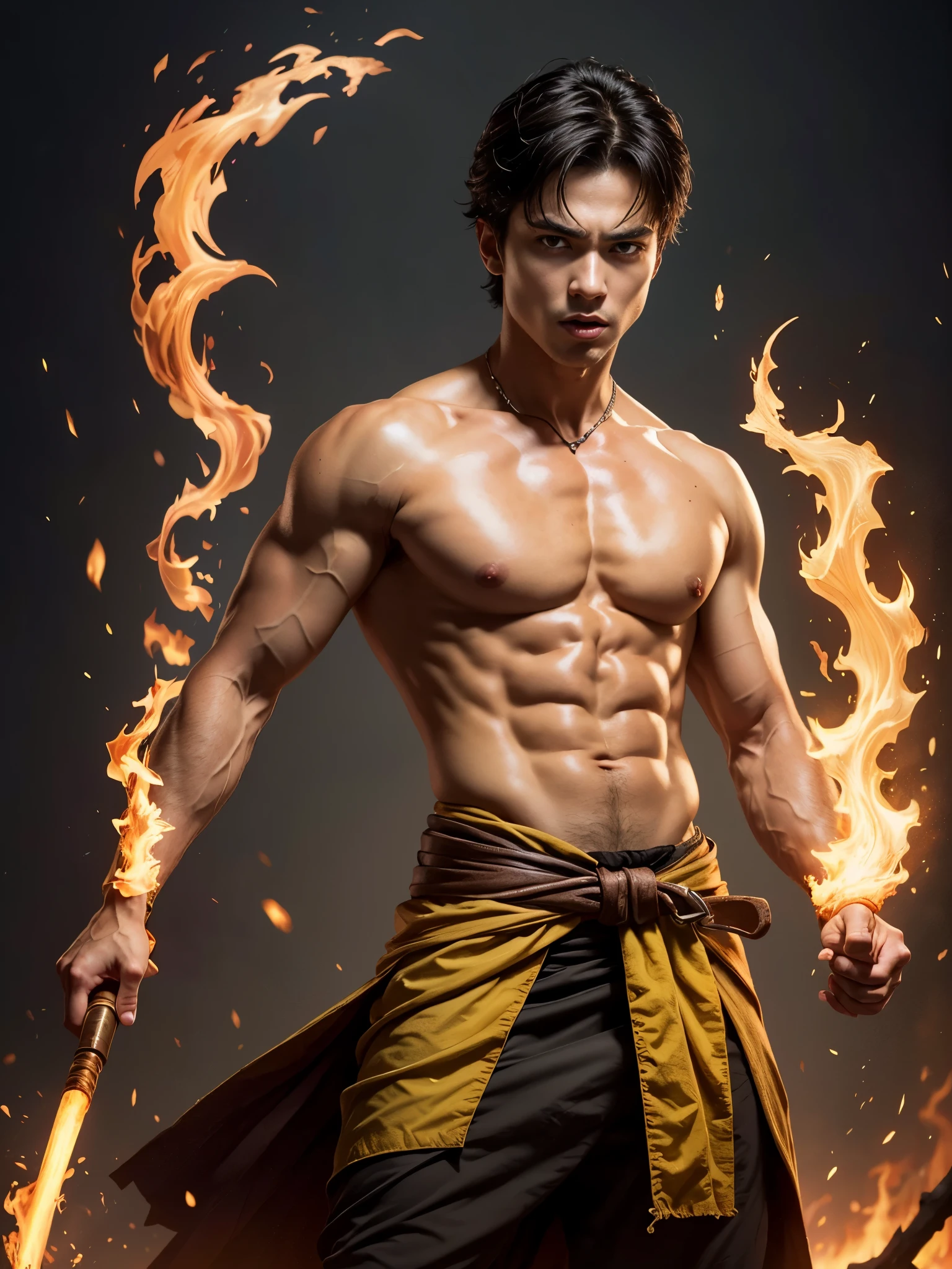 Photorealistic, masculine handsome male model, masculine Asian mix guy, mixed race, (angry:1.3), (young, :1.5), ((best quality)), ((masterpiece)), (detailed), (barechested:1.4). Portrait of young Prince Zuko from "Avatar: The Last Airbender". portrait him with a strong square jawline, gaunt cheeks, and skinny face, shirtless, with attention to detail on his red burn scar on his eye, (yellow pupil eyes:1.4), (messy dark hair), he is a pyromancer, fire bender.