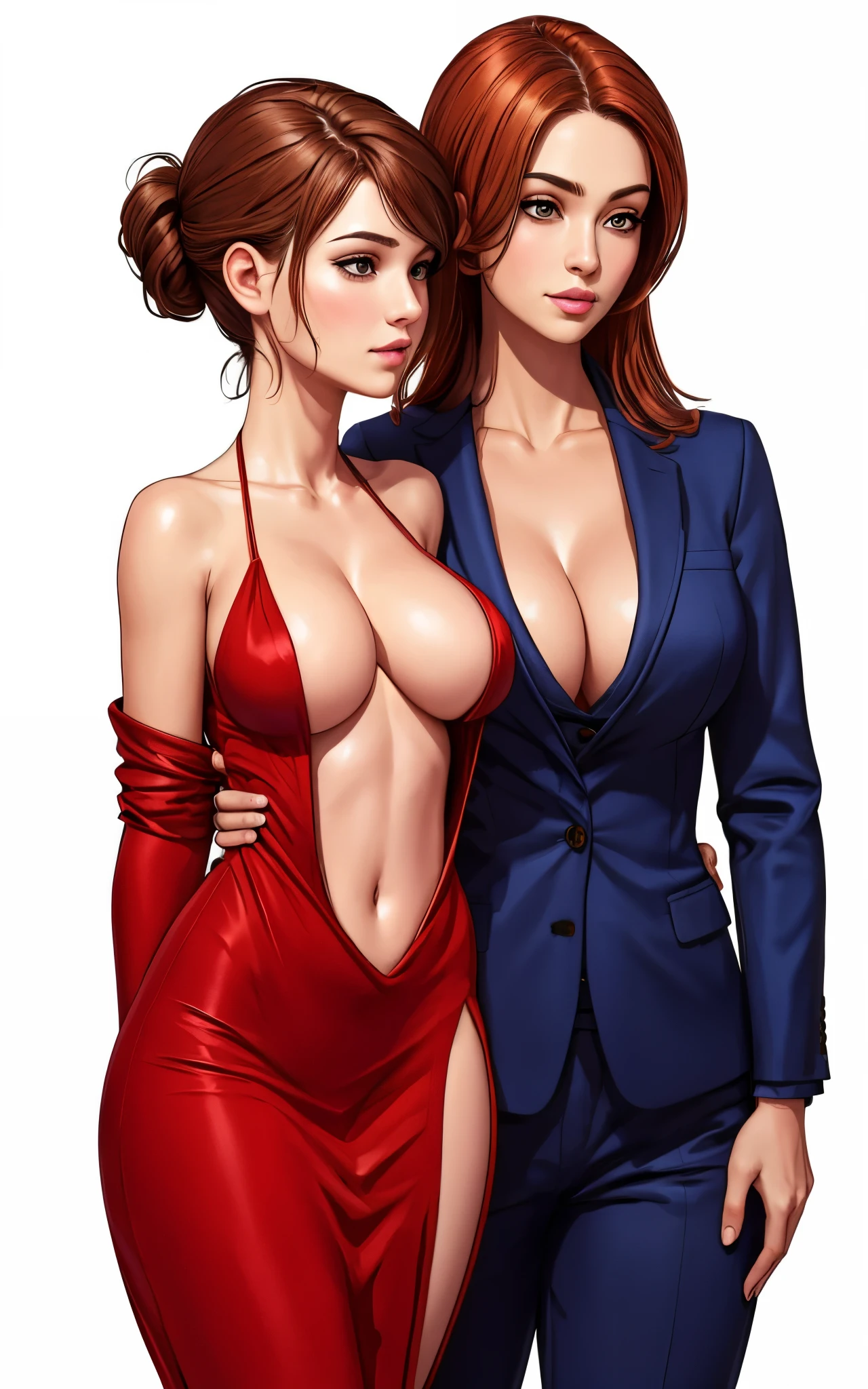 2girls, woman in red dress, woman in business suit, cleavage, lesbian, leg slit