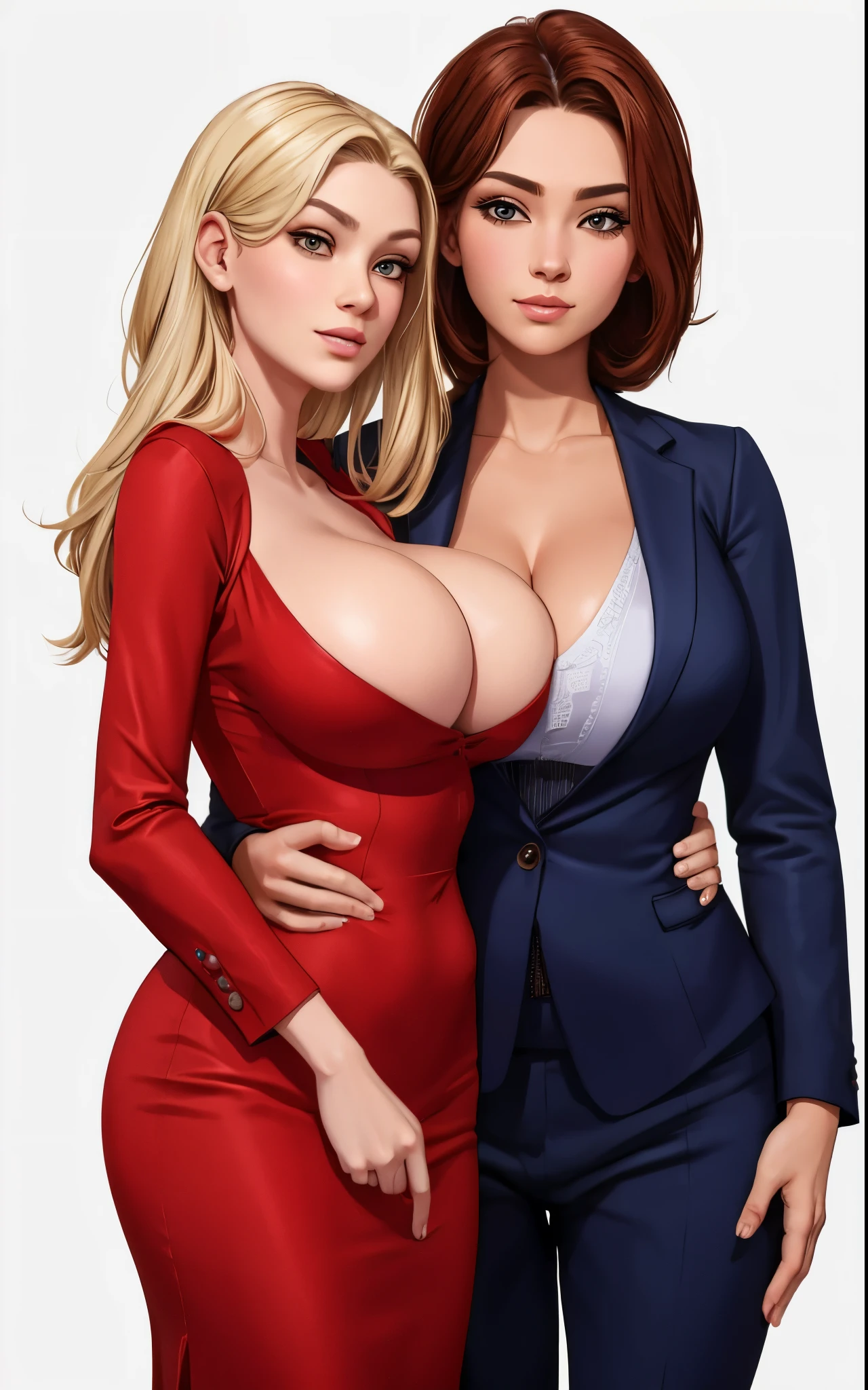 2girls, woman in red dress, woman in business suit, cleavage, lesbian