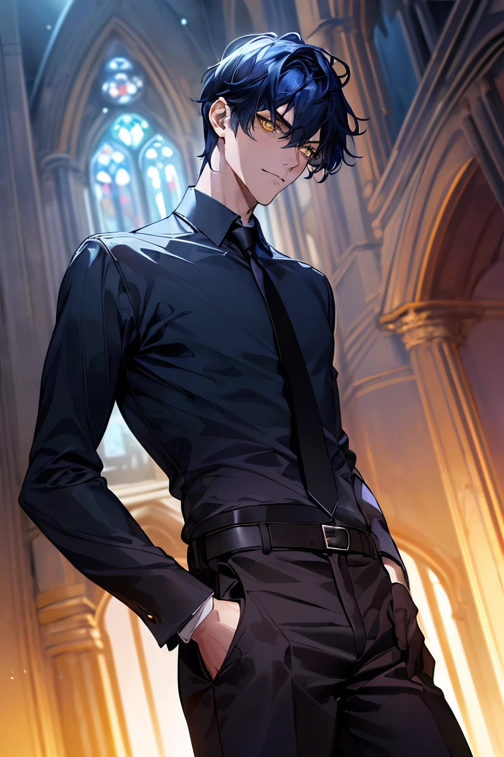 {{top-quality,masterpiece,8k wallpaper}},Ultra-detailed CG Unity,Particle,Cinematographic lighting,((One Man)),a handsome,20-year-old man,((Bust up,Face looking down,low angles,Looking at the camera)),Mocking look,close up of face,sharp gaze,((Eyes glow,Yellow eyes,pupils are small)),((Dark blue hair)),short-haired,Black shirt,Dark blue tie,Church at night,stain glass,Silver Wolf,