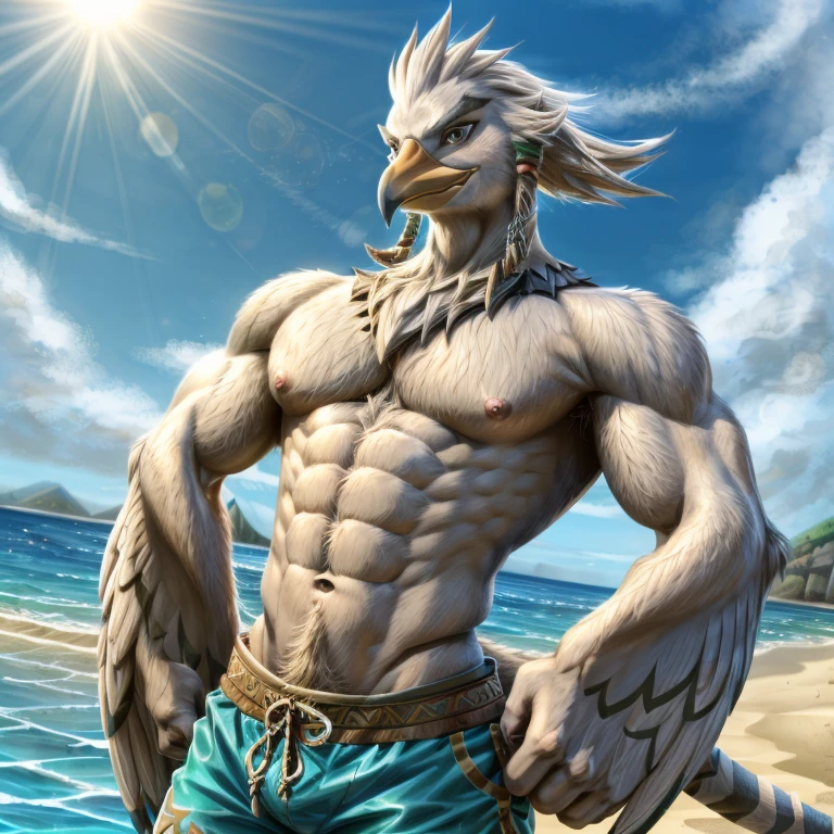 zelda breath of the wild,Teba,male,Birdman,aldult,alone,4K,best quality,white fur,,looking at the audience,slim body,bird tail,Upper body exposed,bare chest,Hairy chest,pink nipples,Six-pack abs, biceps,anatomically correct,Delicate fur,pride,soft shadow,Majestic detailed face,High quality eyes,brown eyes,black pupils,,Grandiose,brave,swimming trunks,Confident smile,Strong,mature,Blue sky and white clouds,,seaside,coastal,beach