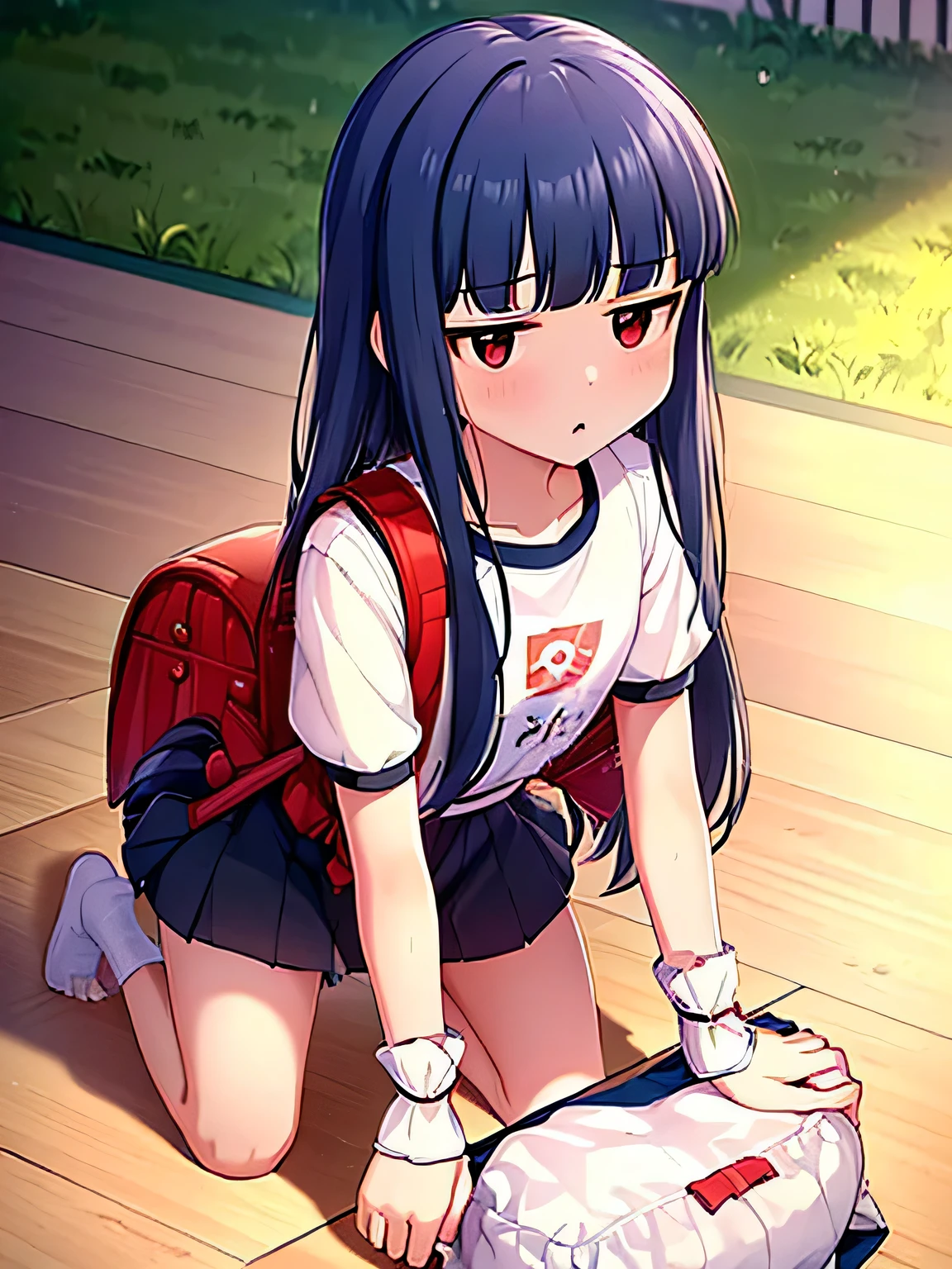 , yukimi, 10., long hair, dull bangs, flat chest, No expression, shy, whole body, highest quality, short sleeve (White gym uniform with colored hems:1.3), carry (randoseru backpack:1.4), naked足, at the park、naked、protruding chest、((get down on all fours:1.5))、hold penis in hand