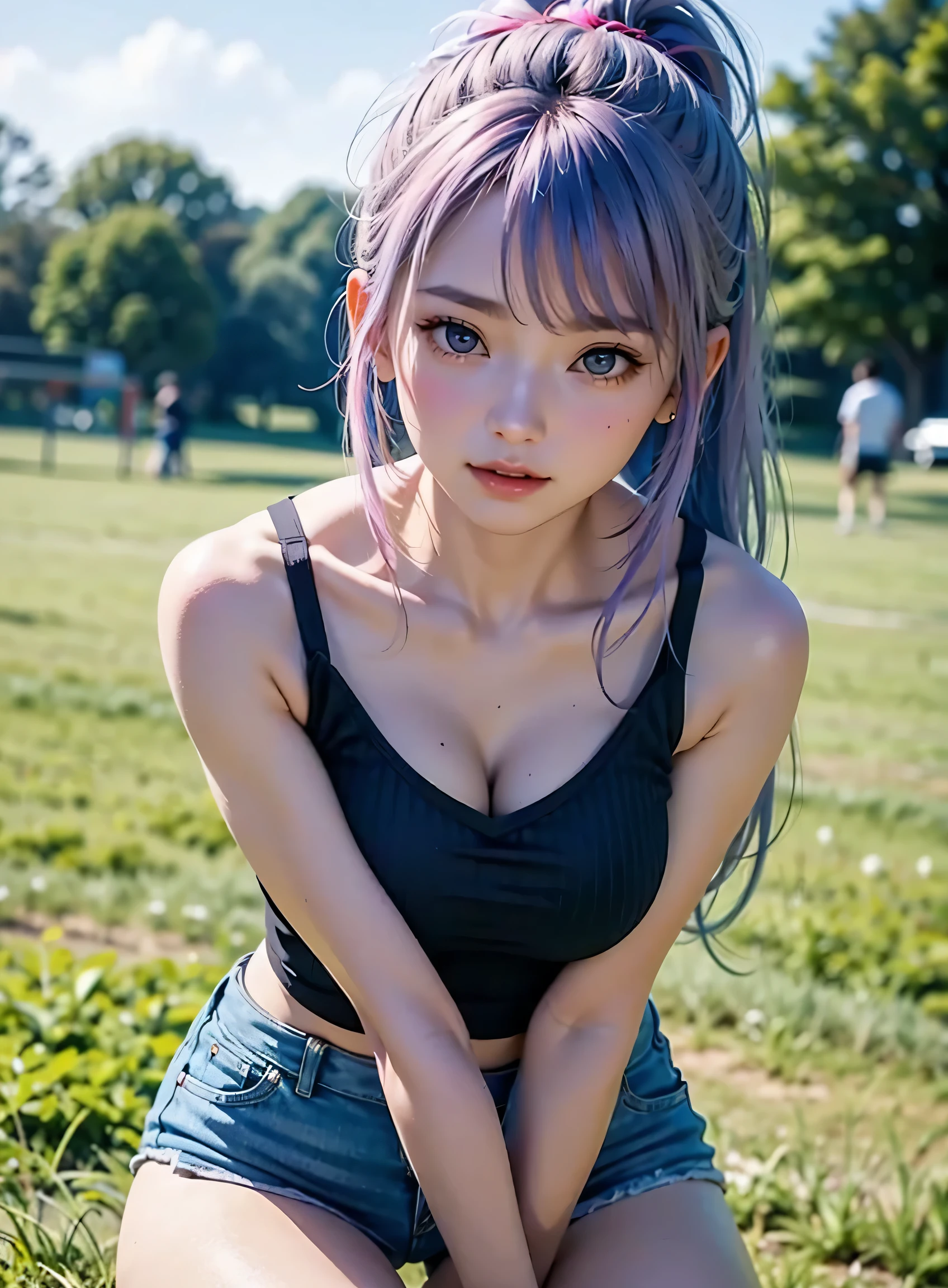 sfw, (leaning forward hands on knee facing forward),uma , Ultra high quality,8K,Don't miss your fingers,1 girl,Sports Girl,Blue-pink hair,Sports close-up,,Lawn playground,Dopamine girls, wearing bra,((skinny waist)), young asian girl, ((big breasted)),