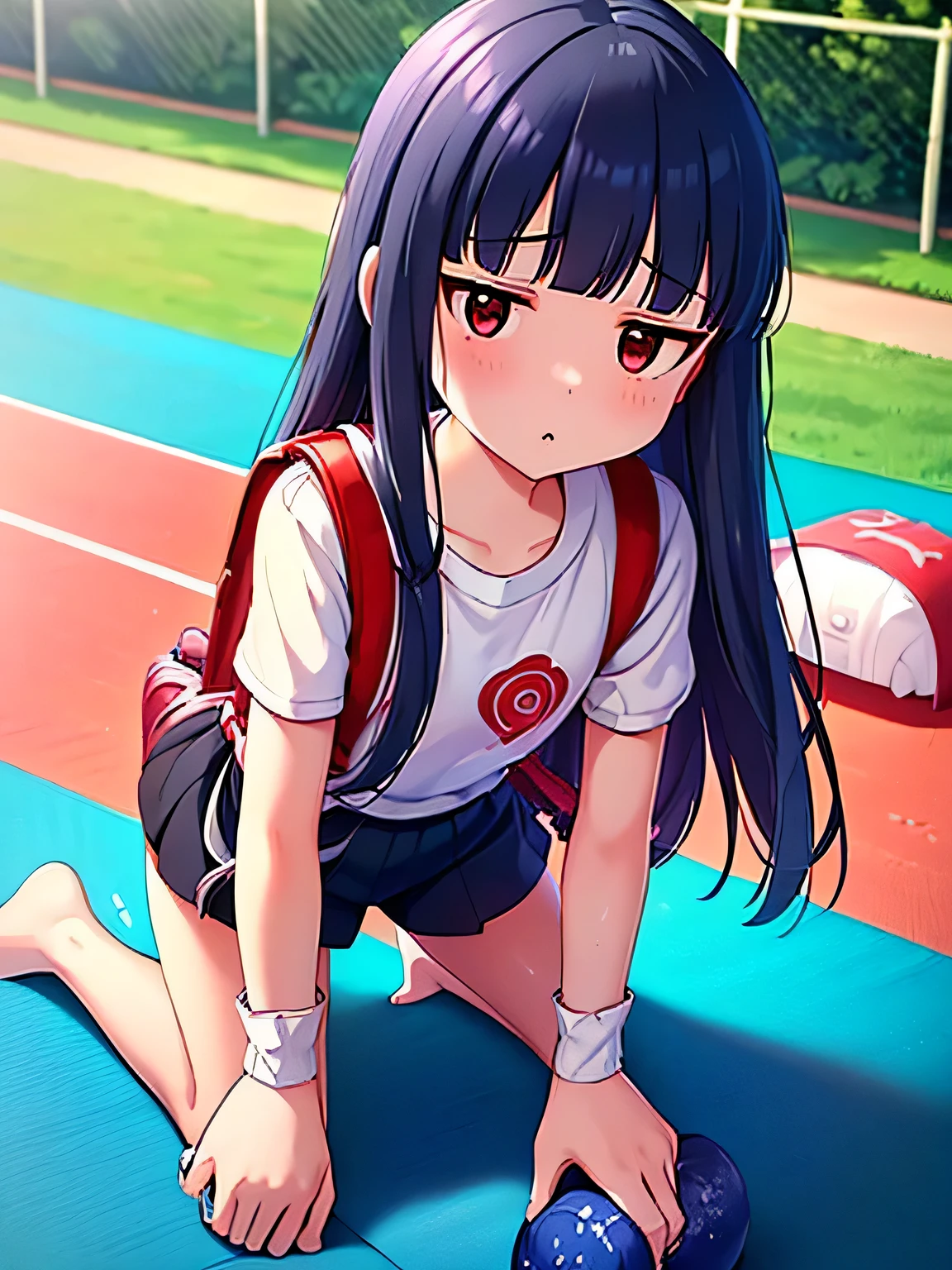 , yukimi, 10., long hair, dull bangs, flat chest, No expression, shy, whole body, highest quality, short sleeve (White gym uniform with colored hems:1.3), carry (randoseru backpack:1.4), naked足, at the park、naked、protruding chest、((get down on all fours:1.5))
