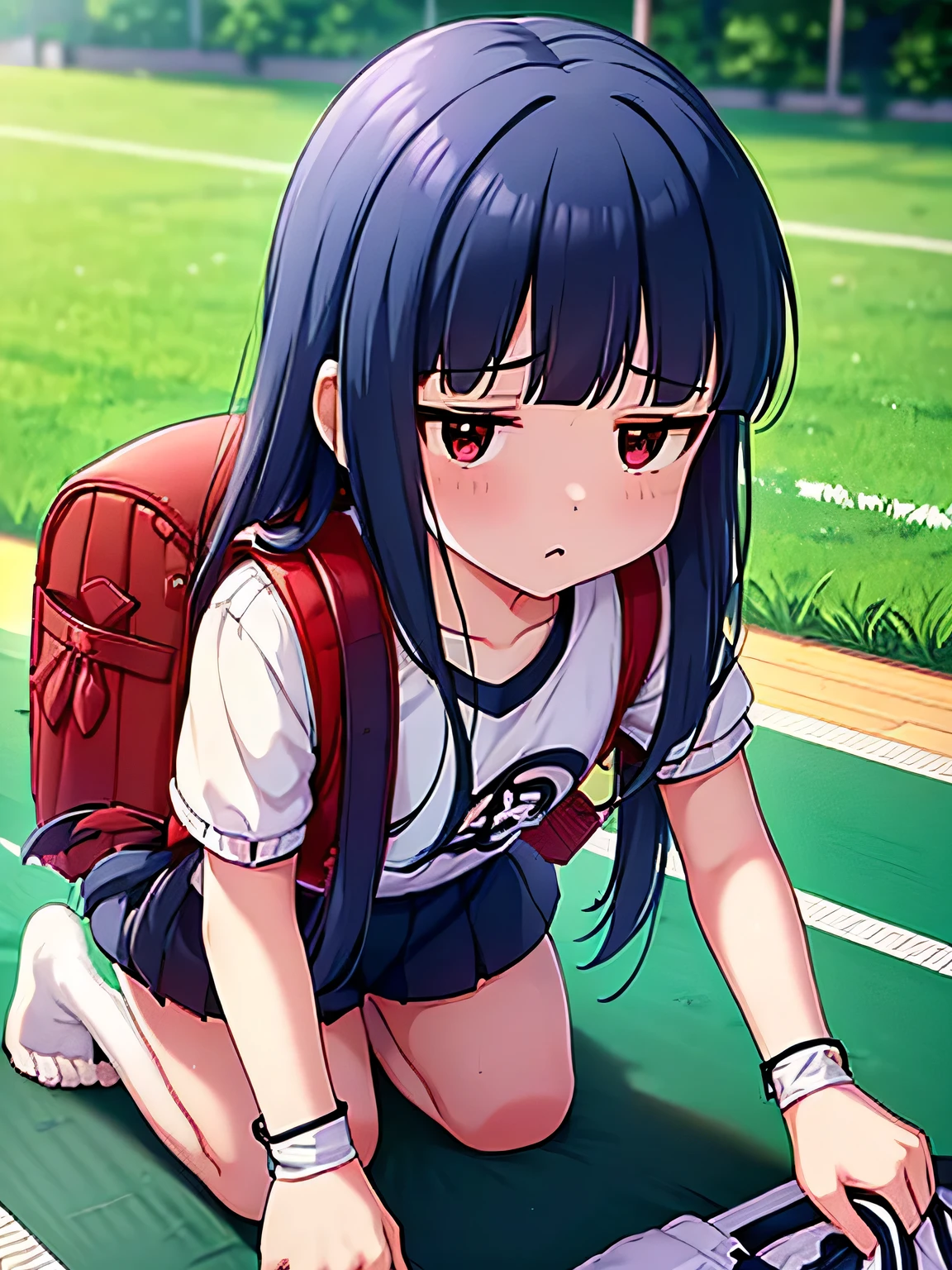 , yukimi, 10., long hair, dull bangs, flat chest, No expression, shy, whole body, highest quality, short sleeve (White gym uniform with colored hems:1.3), carry (randoseru backpack:1.4), naked足, at the park、naked、protruding chest、((get down on all fours:1.5))