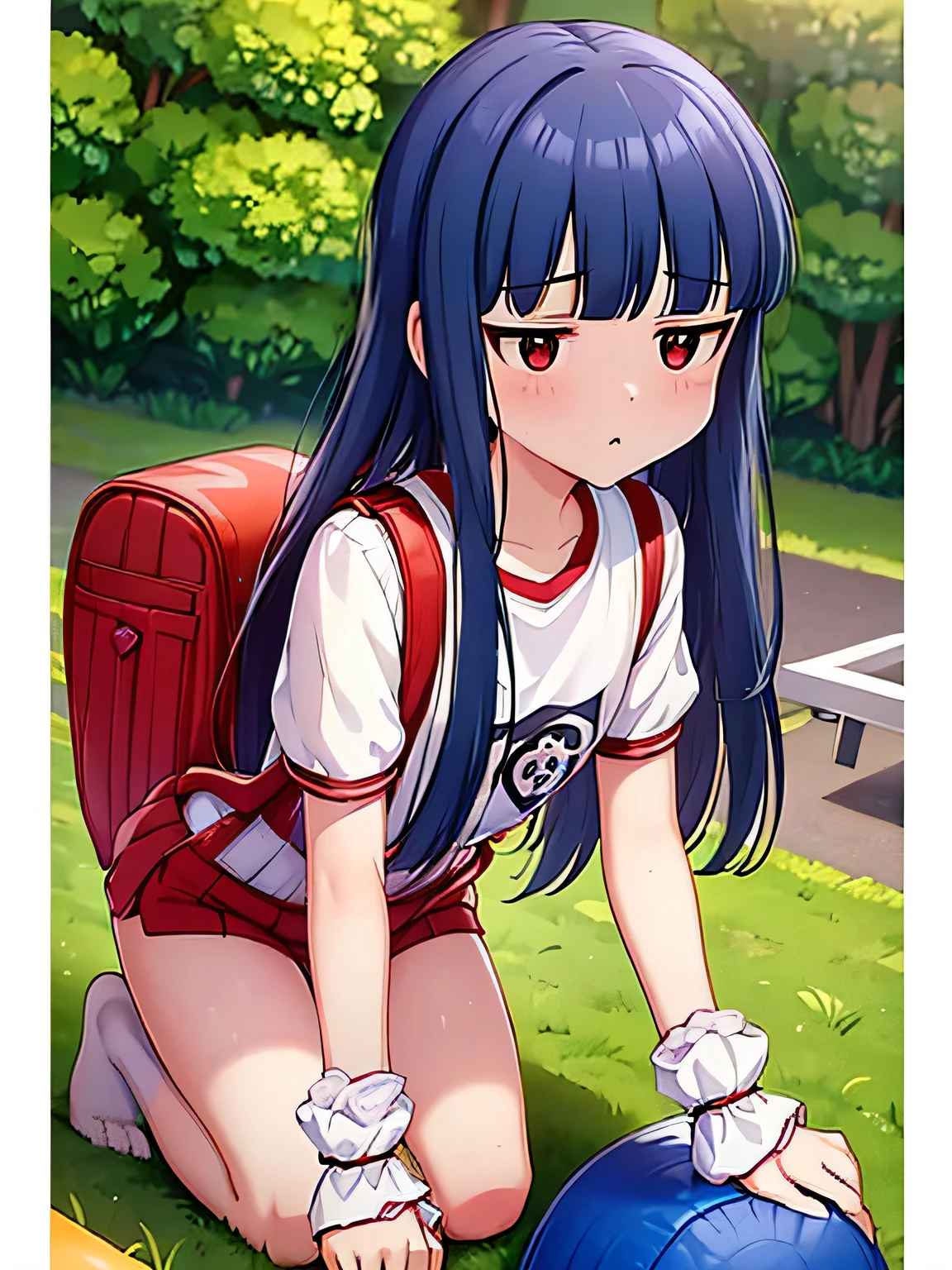 , yukimi, 10., long hair, dull bangs, flat chest, No expression, shy, whole body, highest quality, short sleeve (White gym uniform with colored hems:1.3), carry (randoseru backpack:1.4), naked足, at the park、naked、protruding chest、((get down on all fours:1.5))