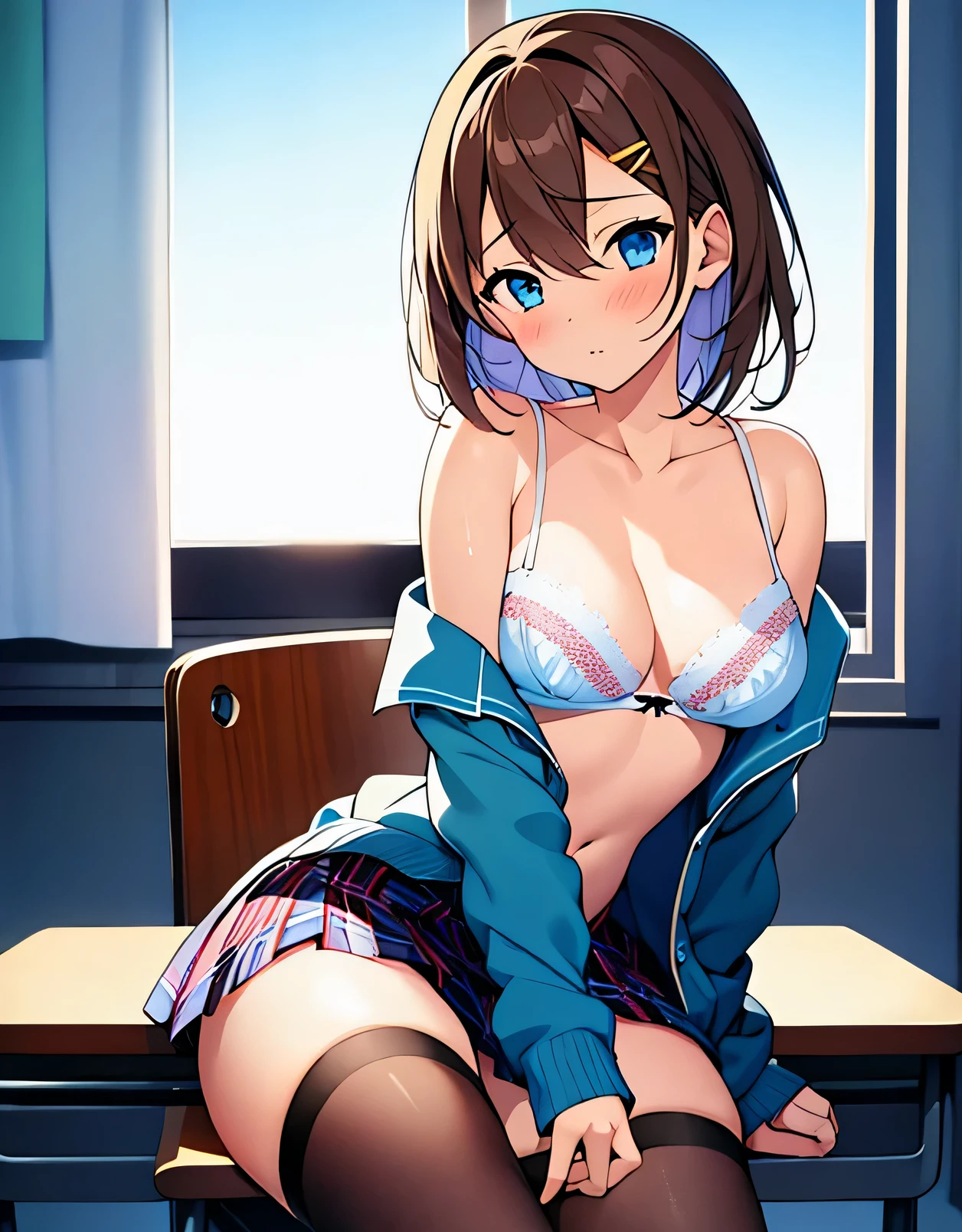 1 girl, open clothes, open blue cardigan, white bra, plaid skirt, mini skirt, school uniform, thigh highs, light brown hair, hair between eyes, , small breast, ((nsfw0.9)), sitting on desk, full body, masterpiece, best quality, professional lighting, intricate details,