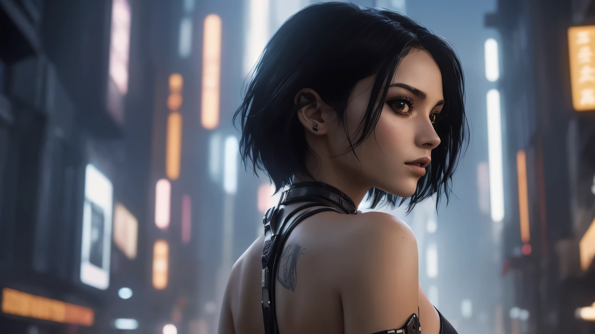 mulher arafada em um top preto e um top preto em uma cidade, arte cyberpunk ultrarrealista 8k, dreamy garota ciberpunk, linda garota cyberpunk, linda modelo de mulher cyberpunk, cyberpunk 2 0 anos. oh garota modelo, estilo cyberpunk hiper-realista, beautiful garota ciberpunk face, jet black haired garota ciberpunk, garota ciberpunk, the garota ciberpunk portrait, garota de anime cyberpunk feminina