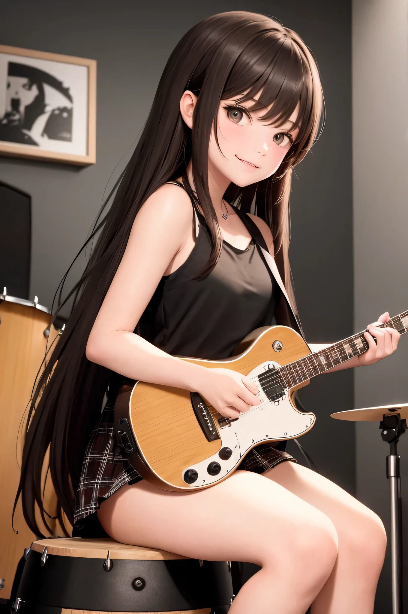 {there is a young girl sitting in a room. she is beautiful, and attractive. she is wearing a black shirt, and a red checkered skirt. she is dressed like a punk rocker. she has beautiful long brown hair, and beautiful hazel eyes. she is sitting on a stool behind a drum kit, while holding drum sticks. she has a light smile on her face, and her mouth is closed. the room is set up like a music studio.}, {best quality}, {{masterpiece}}, {highres}, {{{8k}}}, extremely detailed girl, {{{caucasian skin}}}, {{{detailed face}}}, {photo-realism}, {{perfect anatomy}}, sharp focus, {{{character{1 girl}}}}, solo, {{{{{sharp focus}}}}}, {{{detailed cloth texture}}}, {{{detailed skin texture}}}, {{{smooth lighting}}}, {{australian decent}}, {{18-years old girl}},