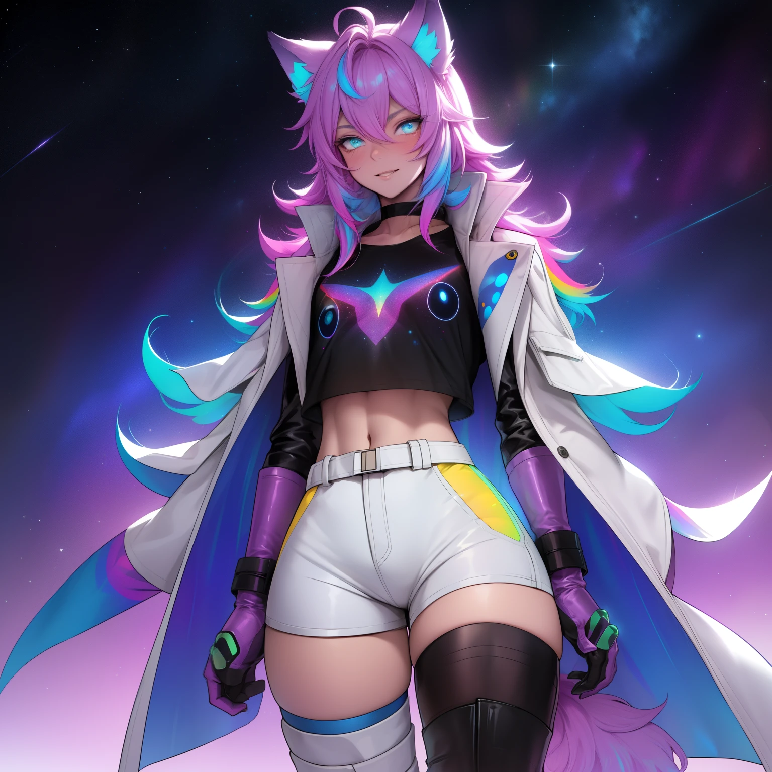 a short, skinny, galactic space young boy wearing a rainbow trench coat with a peacock inspired design, glowing blue eyes, wearing cropped t-shirt, flat chested, flat chest (SUPER FLAT CHEST) has wolf ears and a wolf tail, wide hips, pink lips, thick thighs, has long wavy rainbow gradient colored sparkly hair, twink, happy, blushing, flustered, showing thighs, wearing thigh high boots, wearing short shorts, curvy, solo, alone, (SOLO)(ALONE), has long wavy rainbow gradient colored sparkly hair