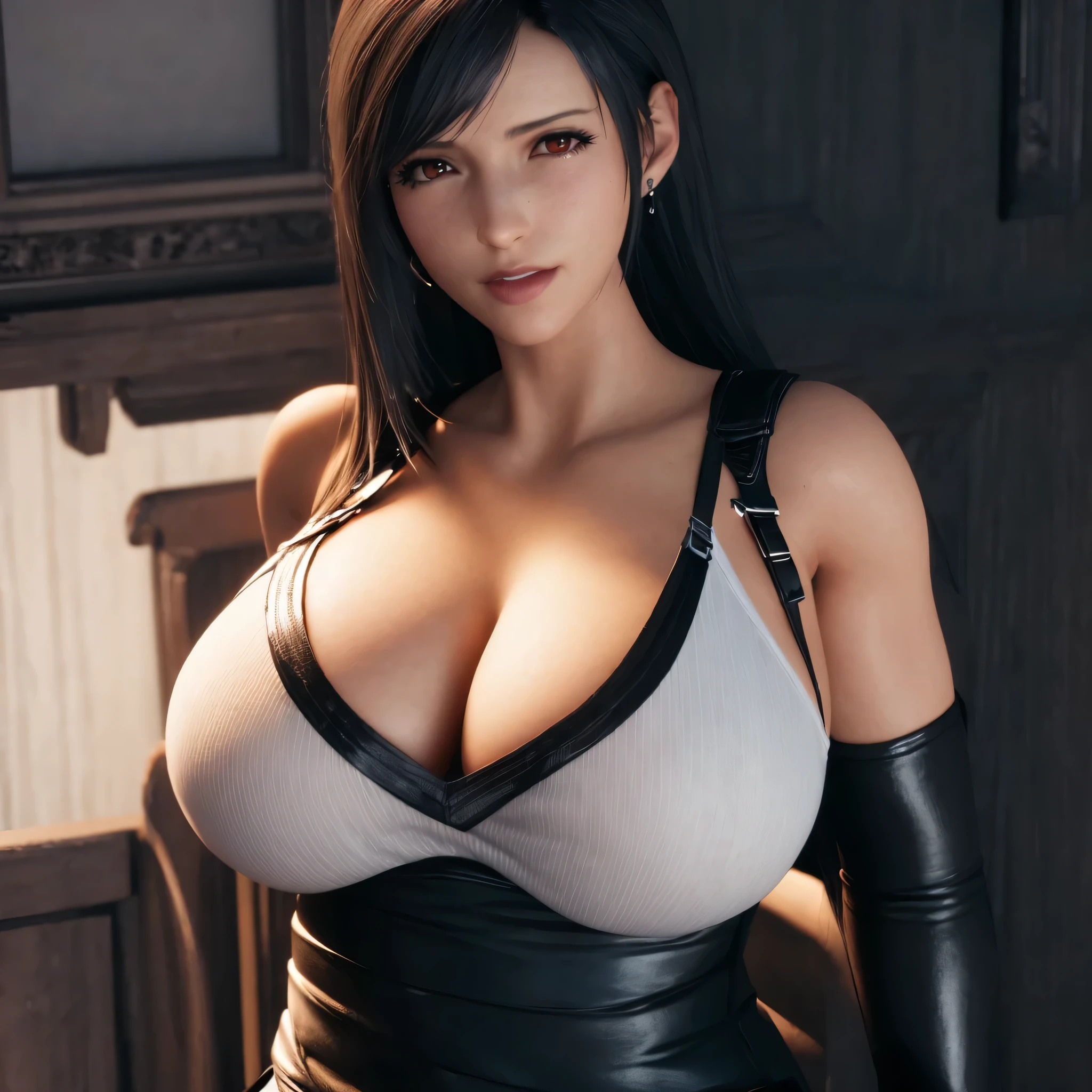 a close up of a woman with a big breast in a black and white top, tifa lockhart, seductive tifa lockhart portrait, tifa, tifa lockhart portrait, glamorous tifa lockheart, tifa lockheart, realistic shaded perfect body, portrait of tifa lockhart, tifa lockhart with white hair, 3 d anime realistic, naked, spreading legs, rendered in sfm