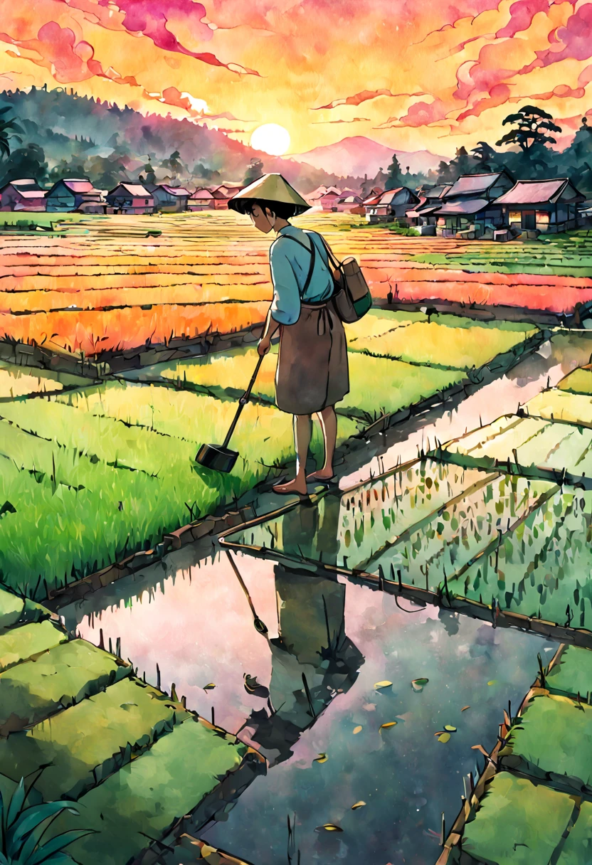 Digital Illustration, A farmer tending to the rice paddy fields during a vibrant sunset, with reflections of the pink and orange sky in the watelled terraces, Art Styles: Watercolor, Art Inspirations: Studio Ghibli, Camera: 35mm, Shot: medium shot, Render Related Information: high resolution, soft light, color splash, aesthetic