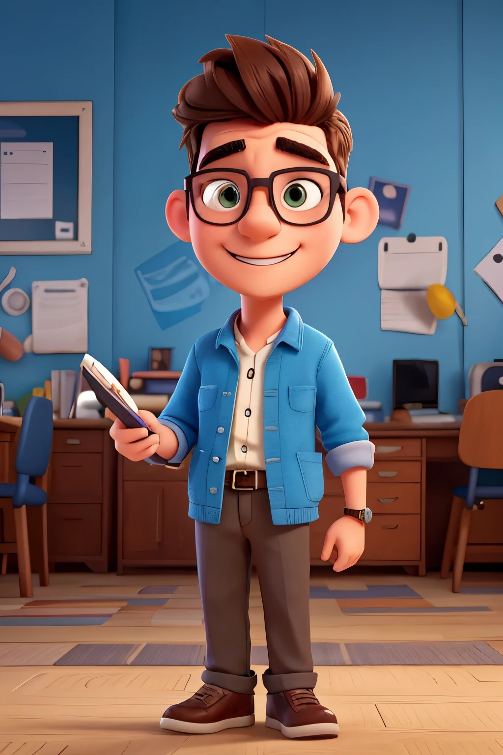 A lively and quirky mascot of a cartoon-style teenage man grabs your attention. He dons thick-framed glasses that add a touch of intelligence and charm to his youthful features. Recently graduated from journalism school with a beaming smile, he confidently holds a notepad and pen in hand, ready to document the world around him. Boasting top-notch animation quality, this dynamic figure captivates the essence of a young, enthusiastic journalist.