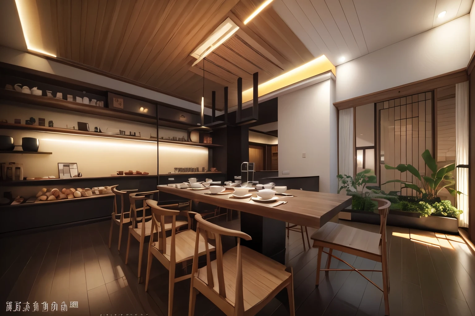 有一间带茶桌和大窗户的tea room,  award winning interior design, With natural light as background, indoor photography,  Twilight, color, Medium shot panorama，{{{tea room}}}，quaint