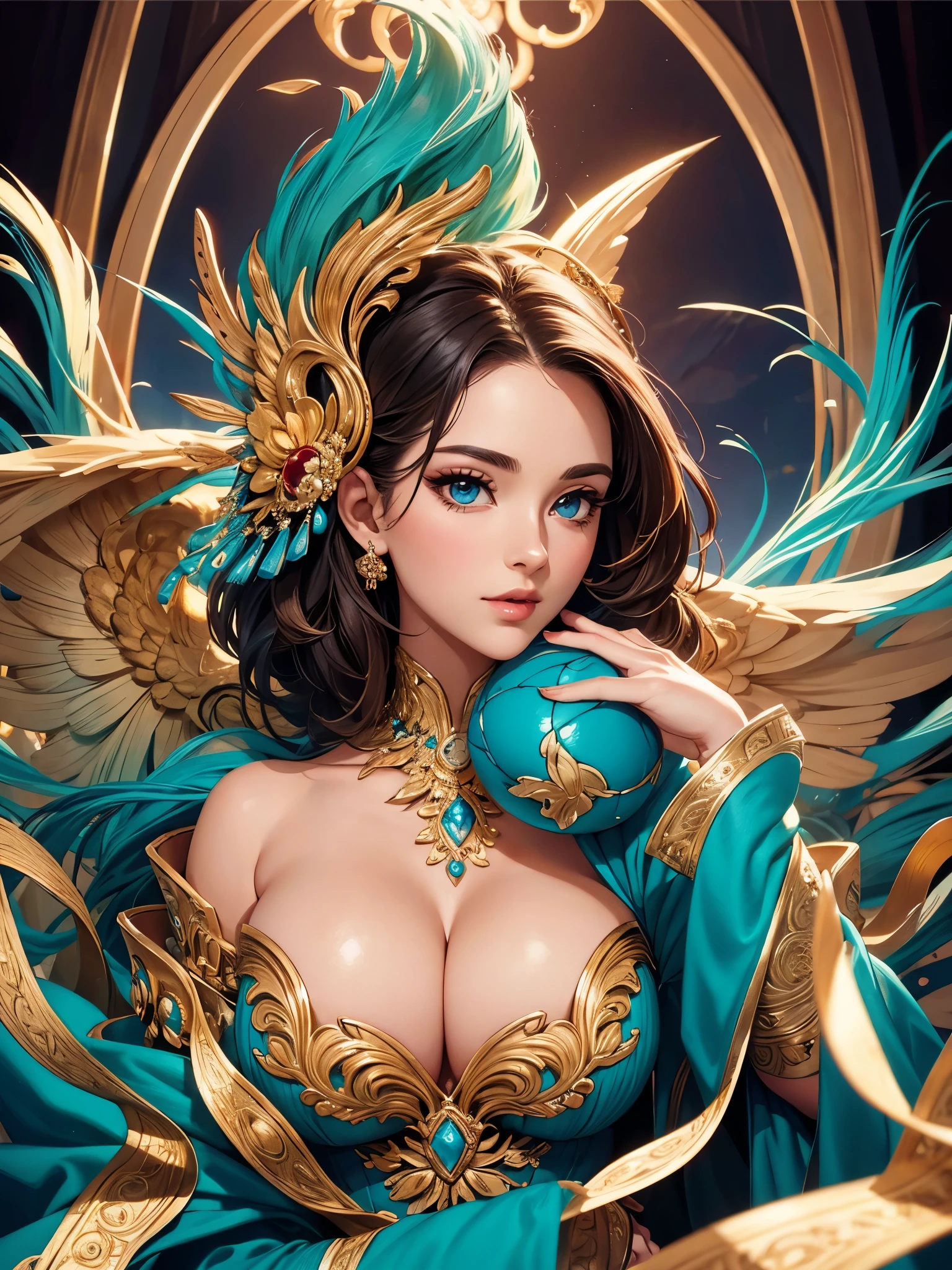 ((highest quality)),(ultra high resolution),(Super detailed),(detailed description),((best CG)),(best work of art),super precision art,amazing drawing art,(Art with precise details:1.5), (1 woman:1.5),(beautiful and well-shaped face:1.6),Peacock
