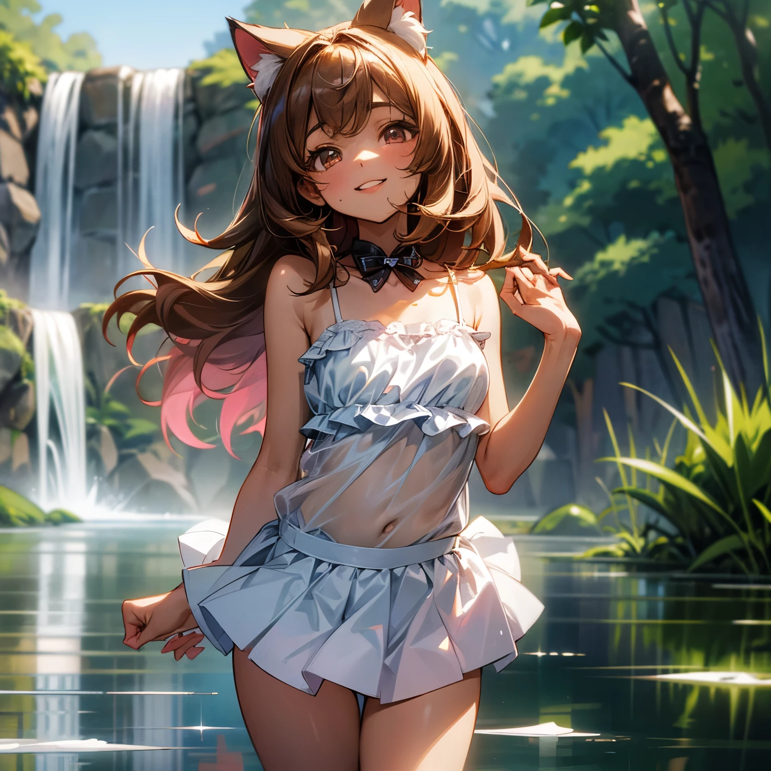 ((Masterpiece)), (Anime:1.3), ((best quality)), (RAW photo: 1.2), (High Definition:1.3), (Professional Photography:1.2), (reflection light:1.5), Textured skin, (12 years old), 1girl, (Cute teenage beautiful Girl), Suntanned skin, BREAK, ((best quality)), ((thick lips)), beautiful brown eyes, (Beautiful daiamond eyes:1.5), Cat ears, Pale brown hair, unruly hair, medium hair, (crazy smile:1.2), BREAK, ((Masterpiece)), (Ruffled pink miniskirt), ((childish white camisole)), slightly exposed flat chest, slender body, sweaty, (Beautiful flat chest), (Sexy pose:1.4), (on the near waterfall),