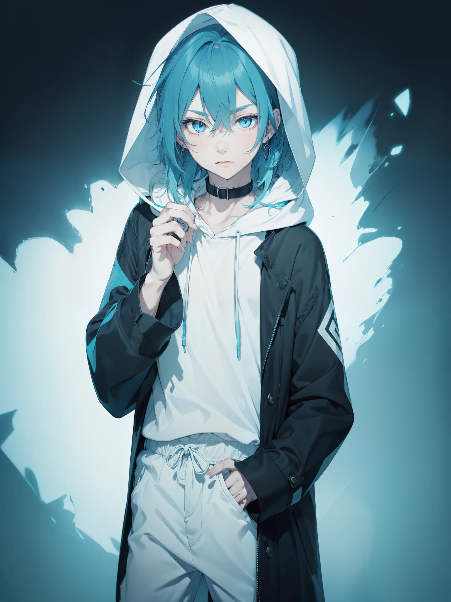 focus male,1boy,((light aqua blue hair)), white skin,((( hot blue eyes ))),earring, ((black coat with hood)),looking the viewer,fingerless glove

