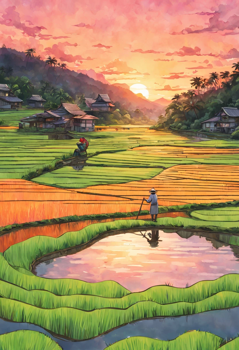 Digital Illustration, A farmer tending to the rice paddy fields during a vibrant sunset, with reflections of the pink and orange sky in the watelled terraces, Art Styles: Watercolor, Art Inspirations: Studio Ghibli, Camera: 35mm, Shot: medium shot, Render Related Information: high resolution, soft light, color splash, aesthetic