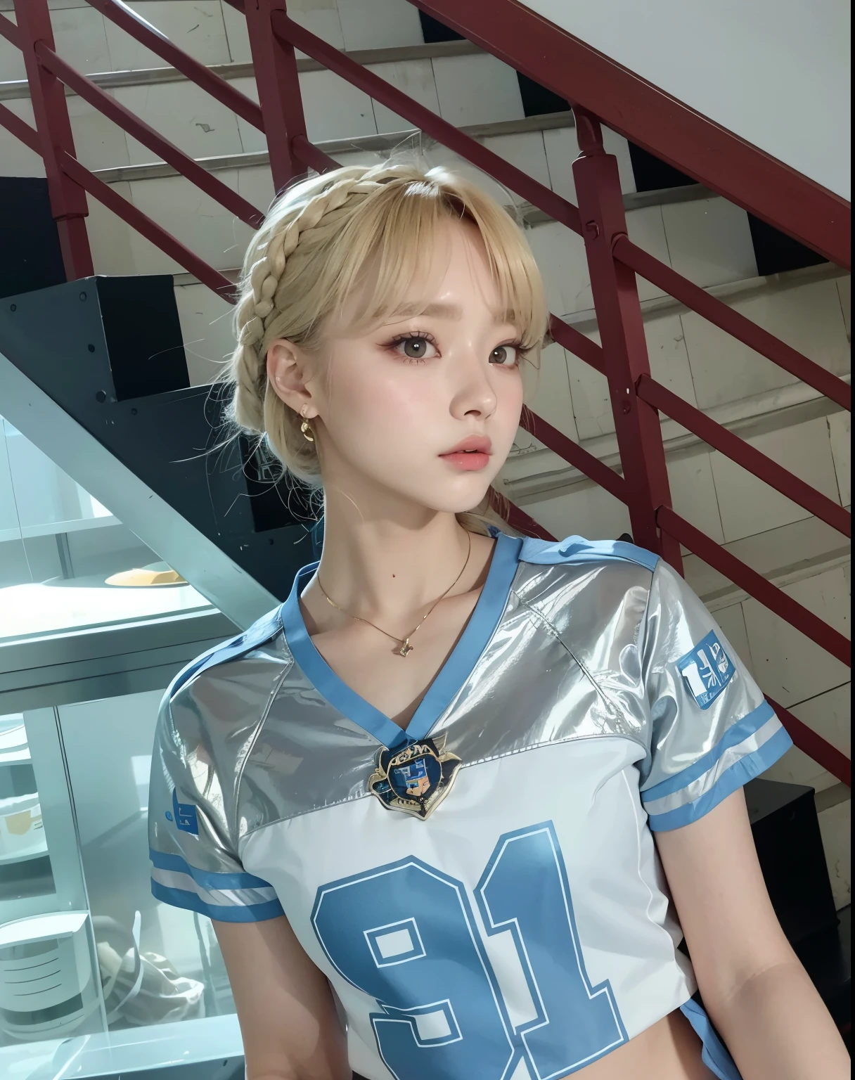 Hay una mujer rubia que posa para una foto con uniforme., Kim Chaewon, Chaewon de Lesserafim, Chaewon de Lesserafim, chsewon de serafines, Chaewon, con flequillo, kim Chaewon, portrait of Chaewon, retrato de kim Chaewon, chaechae de lesserafim, con flequillo completo