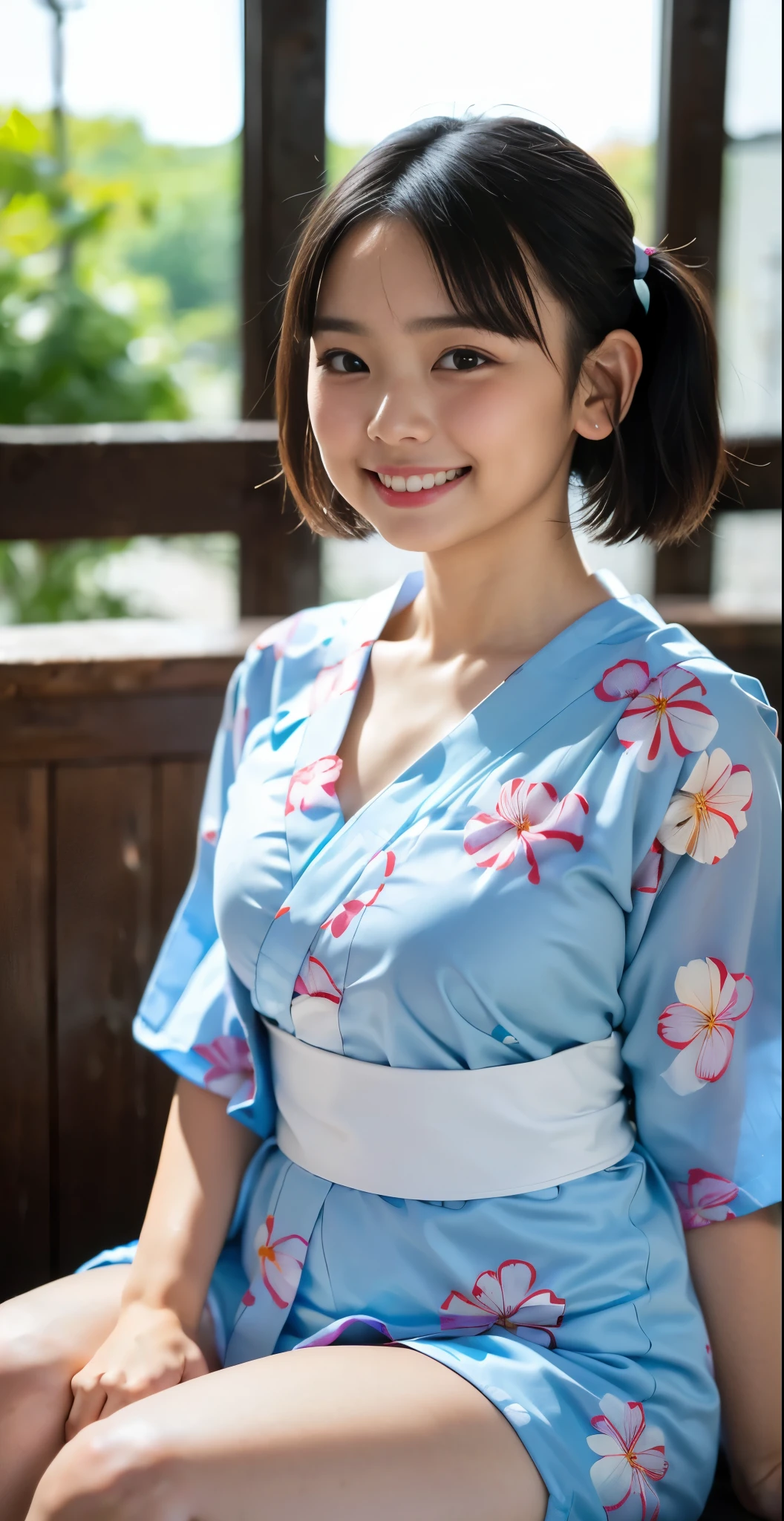 （8k、Raw photography、highest quality、masterpiece：1.2),(black haired、very short hair:1.8),(short twin tails:1.4)、show viewer,Looking at the front,erotic,white skin,(Wearing a yukata with a colorful floral pattern:1.7)、()、(Clothing that emphasizes the shape of your chest、expose one&#39;s skin:1.8)、(big breasts :1.4)、slim body shape、ultra high resolution,beautiful,beautiful fece,(alone, alone、no background:1.9),whole bodyボディー,japanese woman,（Photoreal：1.37）、photon mapping,reality、(Baby-faced and cute: 1.2)、(cute smile: 1.7)、(With a round face: 1.9)、radio city、Physically based rendering、depth of field rally background、photograph, (I can see your knees,close up of thighs:1.6),whole body、super fine