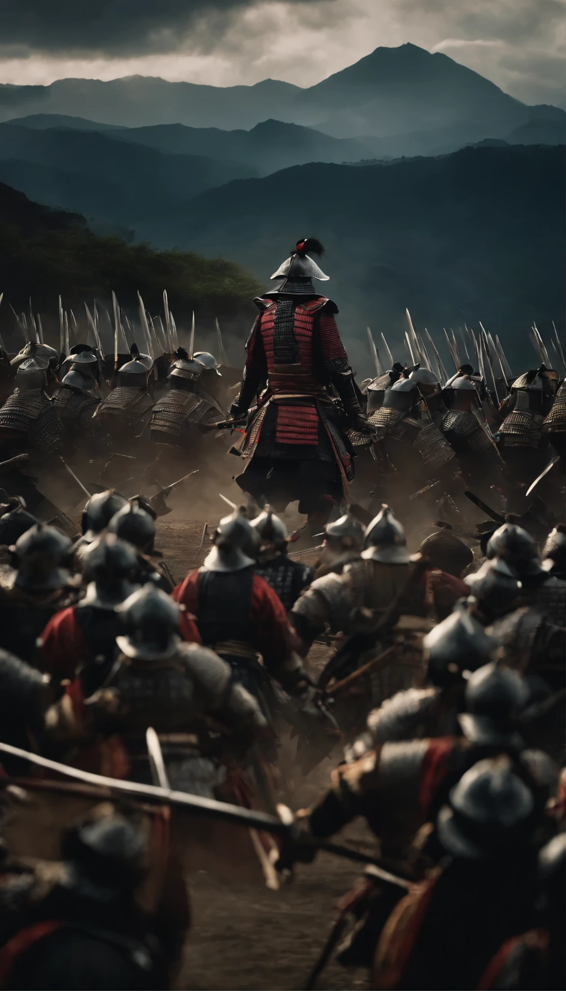 Epic image of samurai warriors, fighting in combat, samurai armors, epic, 8k, cinematic, dramatic, dark, distant view