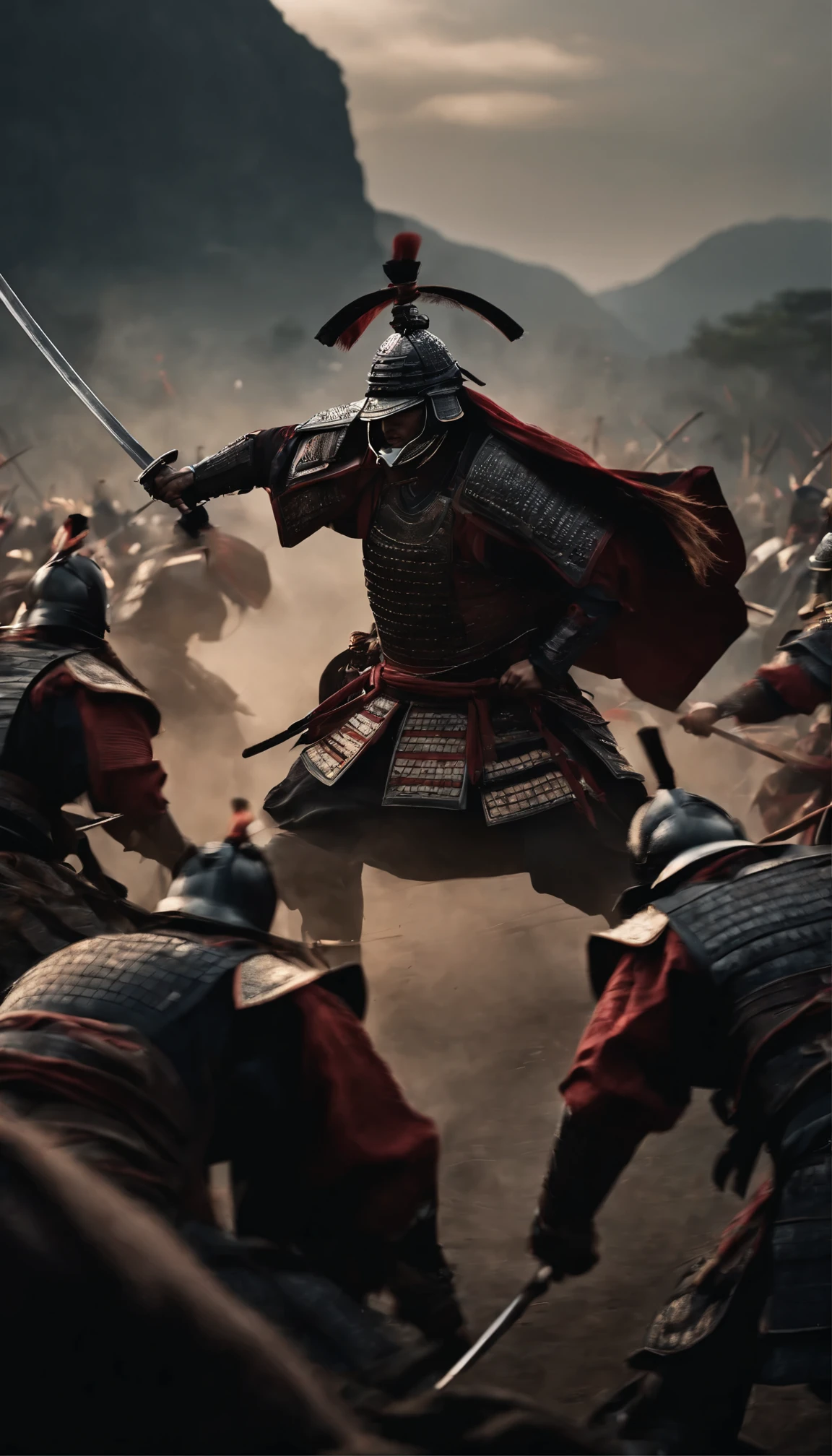 Epic image of samurai warriors, fighting in combat, samurai armors, epic, 8k, cinematic, dramatic, dark, distant view