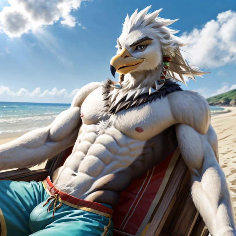 zelda breath of the wild,Teba,male,Birdman,aldult,alone,4K,best quality,white fur,,looking at the audience,lie在沙灘上,lie下,lie著,lie,slim body,bird tail,Upper body exposed,bare chest,Hairy chest,pink nipples,Six-pack abs, biceps,anatomically correct,Delicate fur,pride,soft shadow,Majestic detailed face,High quality eyes,brown eyes,black pupils,,Grandiose,brave,swimming trunks,Confident smile,Strong,mature,Blue sky and white clouds,,seaside,coastal,beach