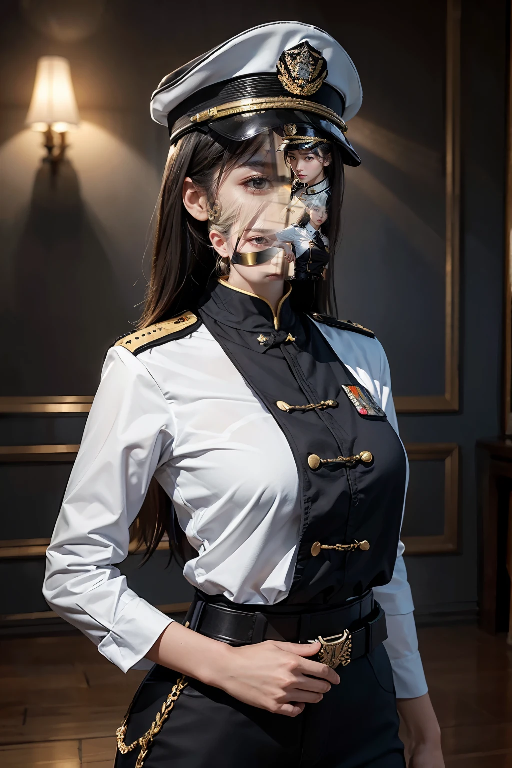 Intricate details, Top quality, Chinese Female Police Officer, Ultra-detailed, ultra high resolution, Masterpiece, Realistic, Confident, Squared-jawed, Sharply defined features, Intense gaze, Black uniform, Military cap, Golden badge, White collar, Short sleeves, Tactical belt, Gun holster, Radiant skin texture, Strong and capable, 1 girl, Dynamic Angles, High Definition, Captivating, Exquisitely crafted, Protective gear, Utmost professionalism, Standing position, Firm stance, Realistic facial expression, Distinctive uniform, Authentic portrayal, Authenticity