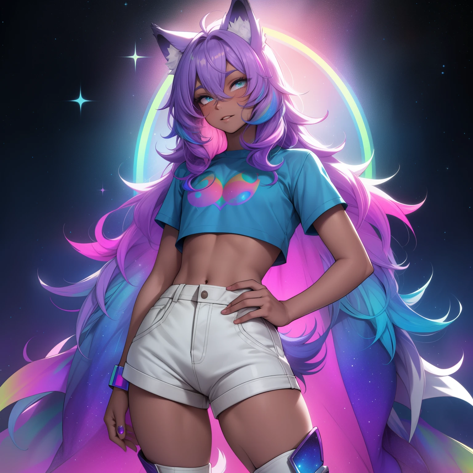 a short, skinny, galactic space young boy wearing a rainbow trench coat with a peacock inspired design, glowing blue eyes, wearing cropped t-shirt, flat chested, flat chest (SUPER FLAT CHEST) has wolf ears and a wolf tail, wide hips, pink lips, thick thighs, has long wavy rainbow gradient colored sparkly hair, twink, happy, blushing, flustered, showing thighs, wearing thigh high boots, wearing short shorts, curvy, solo, alone, (SOLO)(ALONE), has long wavy rainbow gradient colored sparkly hair