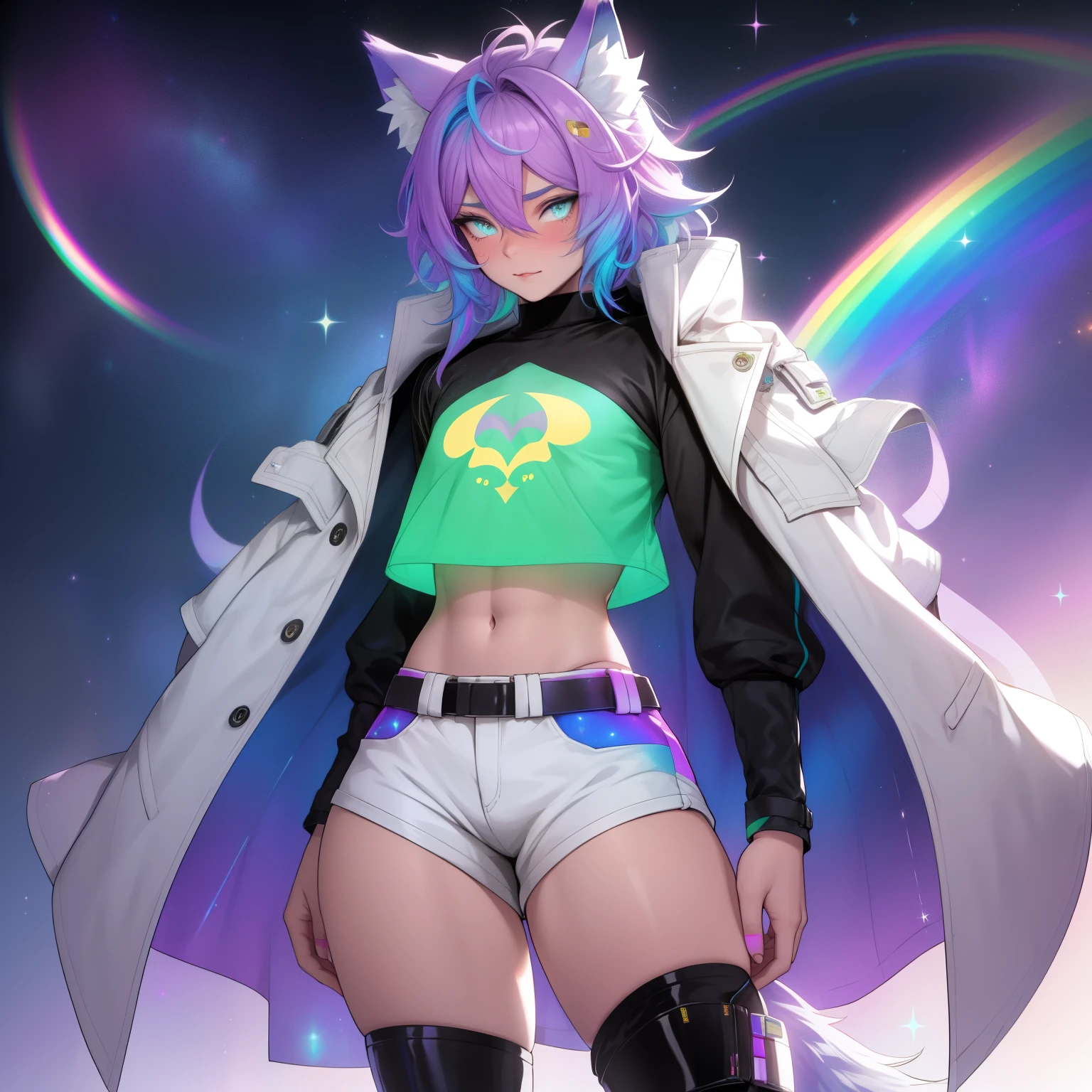 a short, skinny, galactic space young boy wearing a rainbow trench coat with a peacock inspired design, glowing blue eyes, wearing cropped t-shirt, flat chested, flat chest (SUPER FLAT CHEST) has wolf ears and a wolf tail, wide hips, pink lips, thick thighs, has long wavy rainbow gradient colored sparkly hair, twink, happy, blushing, flustered, showing thighs, wearing thigh high boots, wearing short shorts, curvy, solo, alone, (SOLO)(ALONE), has long wavy rainbow gradient colored sparkly hair