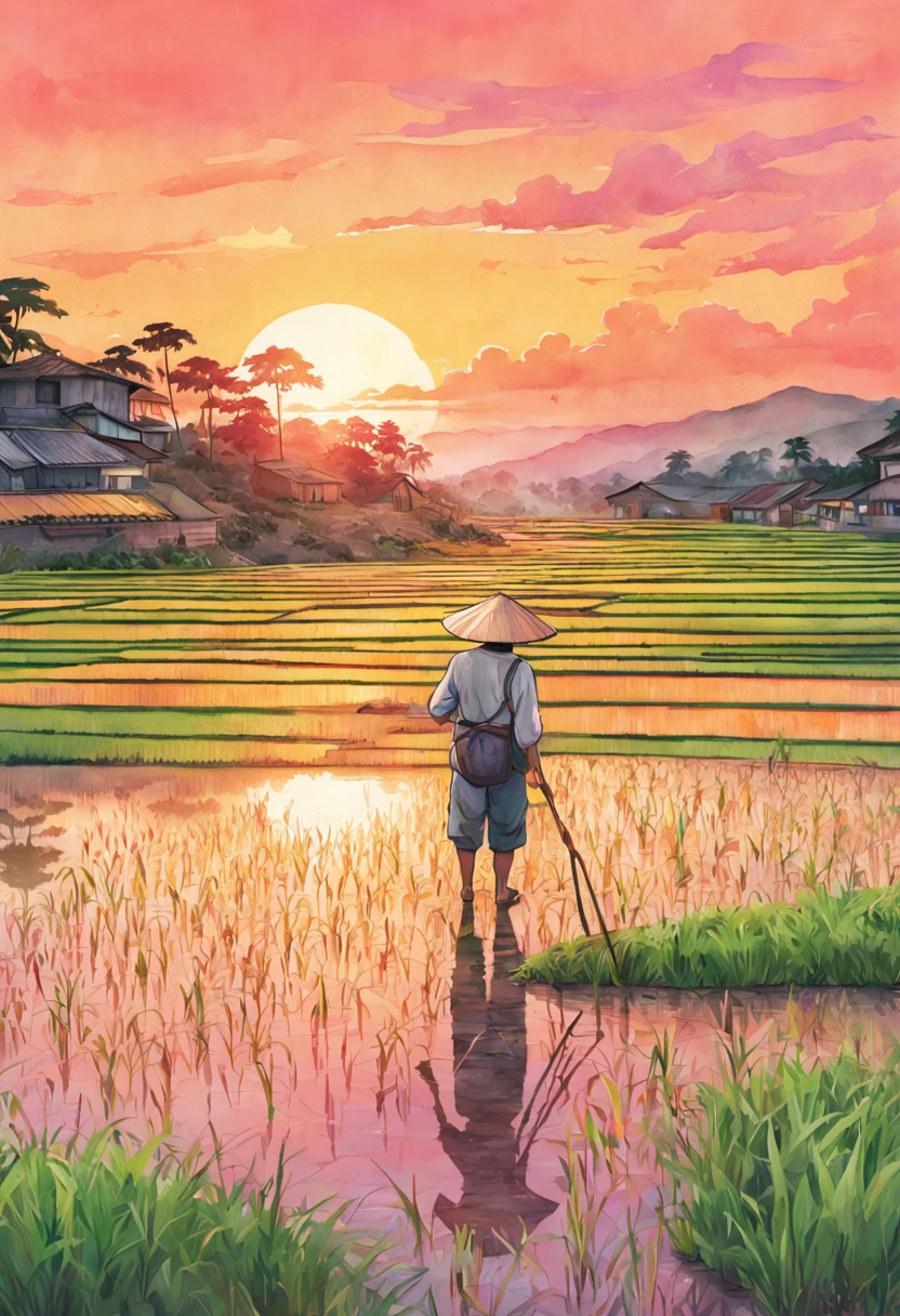 Digital Illustration, A farmer tending to the rice paddy fields during a vibrant sunset, with reflections of the pink and orange sky in the watelled terraces, Art Styles: Watercolor, Art Inspirations: Studio Ghibli, Camera: 35mm, Shot: medium shot, Render Related Information: high resolution, soft light, color splash, aesthetic