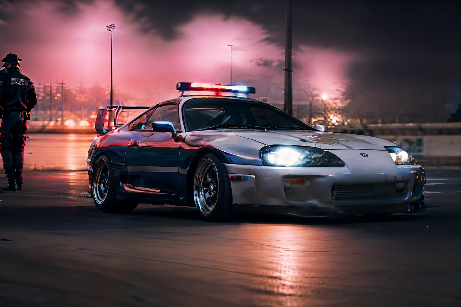 Araf image of a police car，There&#39;s a man standing next to you, Tokyo Drift, akira vibes, japanese drift car, cyberpunk streetwear, toyota jzx 1 0 0 drift, Scenes!!, toyota supra, nightlife, On the street track, Burned out, takata yamamoto style, car drifting, need for speed, The album cover, Cyberpunk atmosphere
