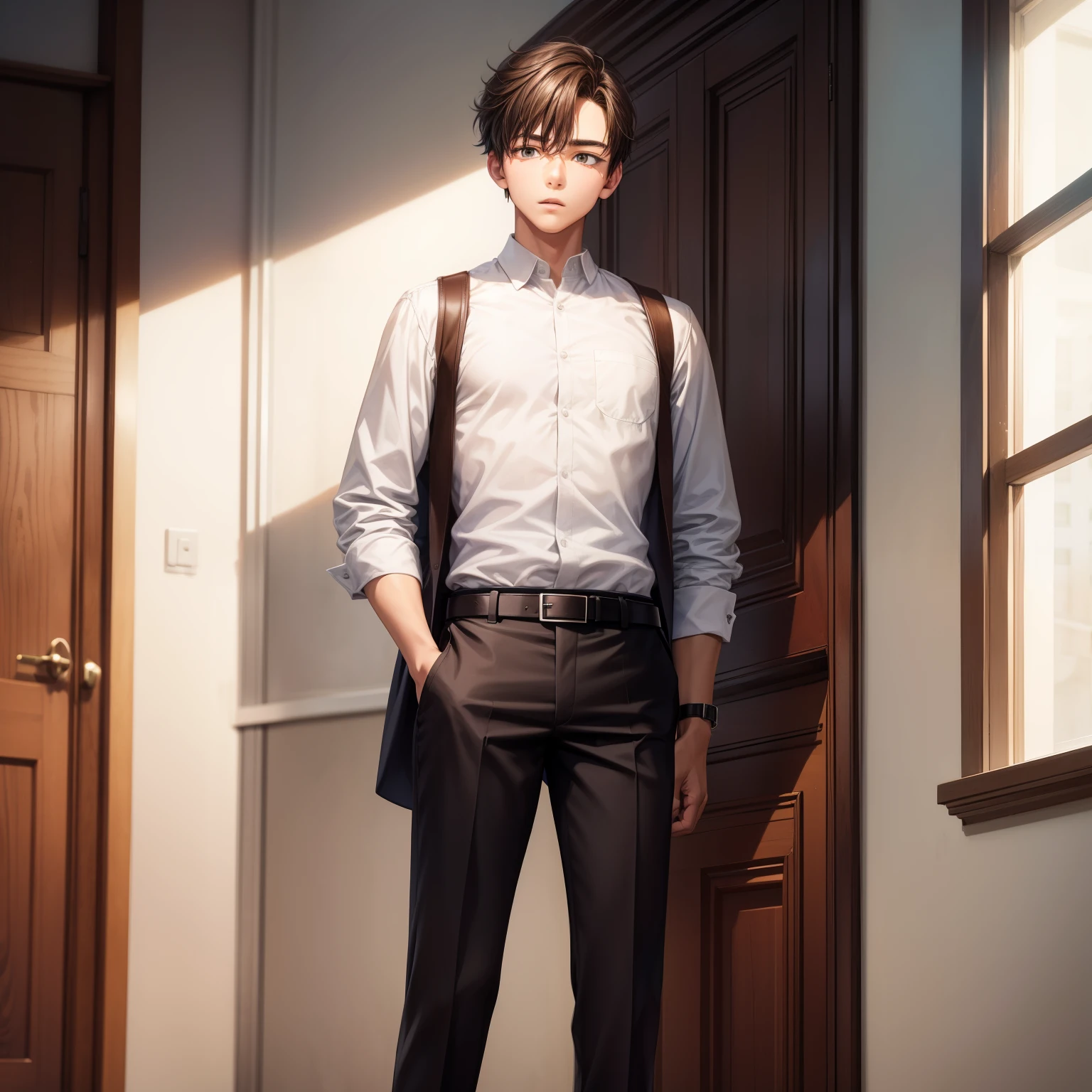 teenager boy using white dress shirt with brown dress pants and a belt on a christian school