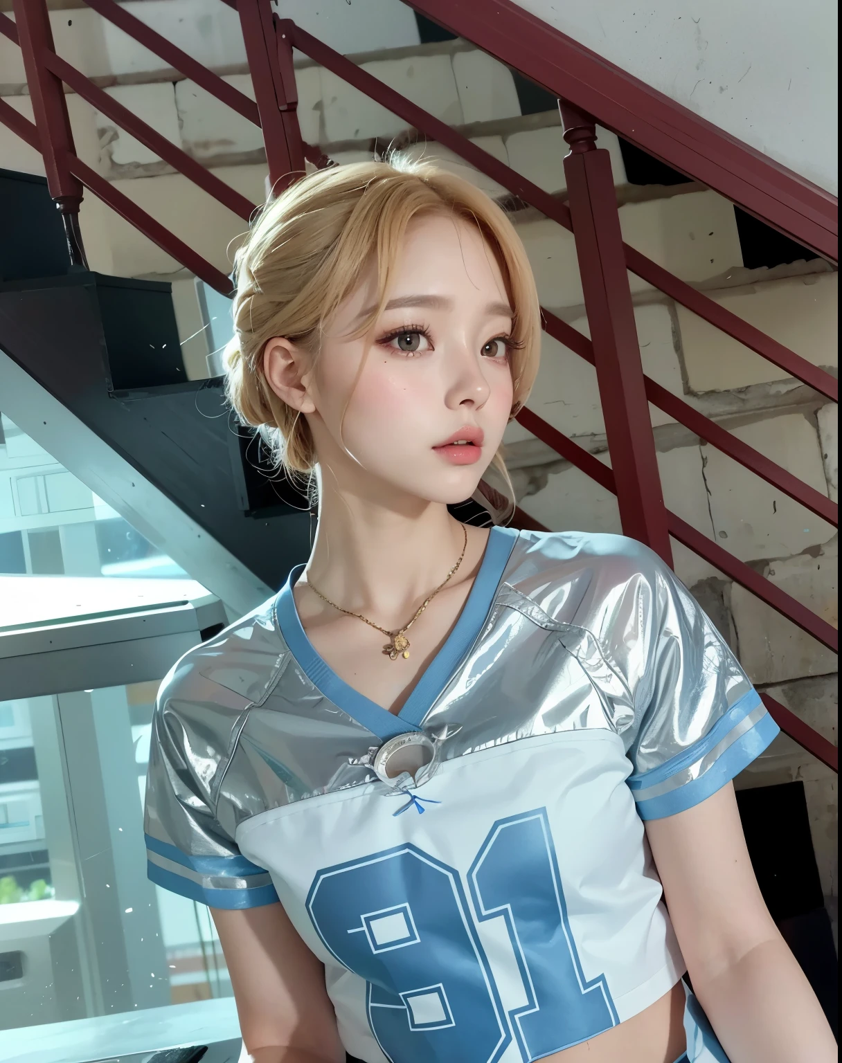 Hay una mujer rubia que posa para una foto con uniforme., Kim Chaewon, Chaewon de Lesserafim, Chaewon de Lesserafim, chsewon de serafines, Chaewon, con flequillo, kim  Chaewon, portrait of Chaewon, retrato de kim Chaewon, chaechae de lesserafim, con flequillo completo