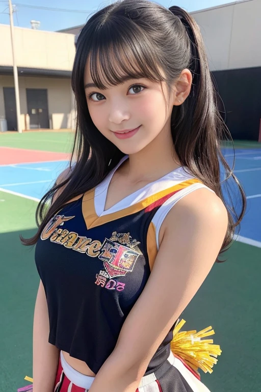 Best Quality, master piece, Ultra high resolution, (Photorealsitic:1.4), Raw photo, extremely detailed, 32K portrait, upperbody, looking at viewer, (1girl, 16-years-old, Japanese number one idol and the most popular cheerleader, at school festival's stage, wearing only colorful Cheerleader's uniform), ((extremely cute face like a Japanese famous idol, surprisingly beautiful big black eyes, amazingly cute smile, black-hair, very beautiful breasts)), detailed face, detailed eyes, detailed hair, detailed breasts, detailed body, detailed colorful cheerleader's uniform