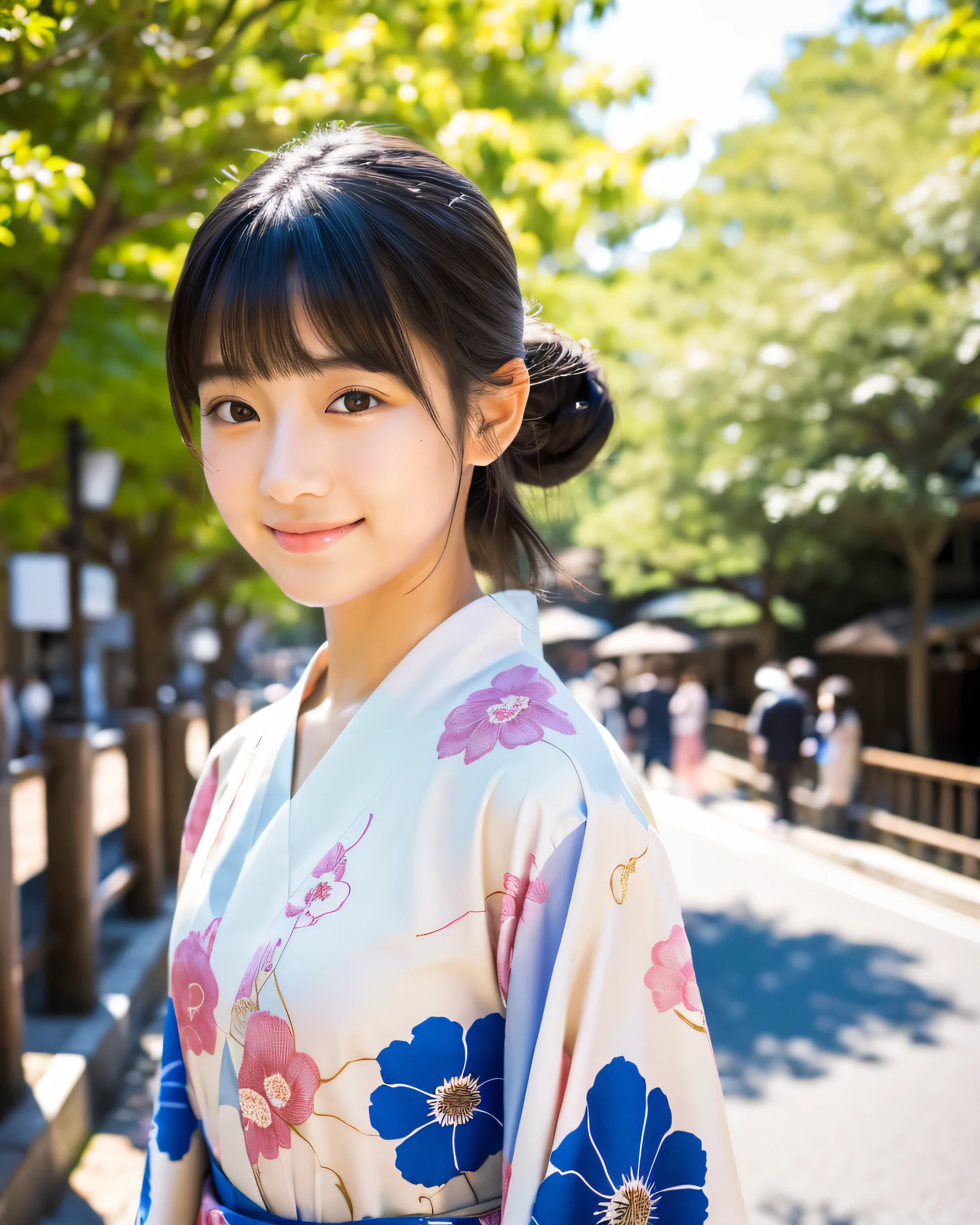(highest quality, 8k, High resolution, masterpiece:1.2), beautiful japanese girl, , glossy black hair, ponytail, asymmetrical bangs, big eyes like sapphires, High resolutionの潤んだ瞳, smooth soft skin, pale pink lips, natural makeup, gentle smile, white floral kimono, traditional Japanese Yukata, (whole body:1.3), sunlight, Traditional streets of Japan, Walk with soft-serve ice cream, fair, blue sky, professional lighting