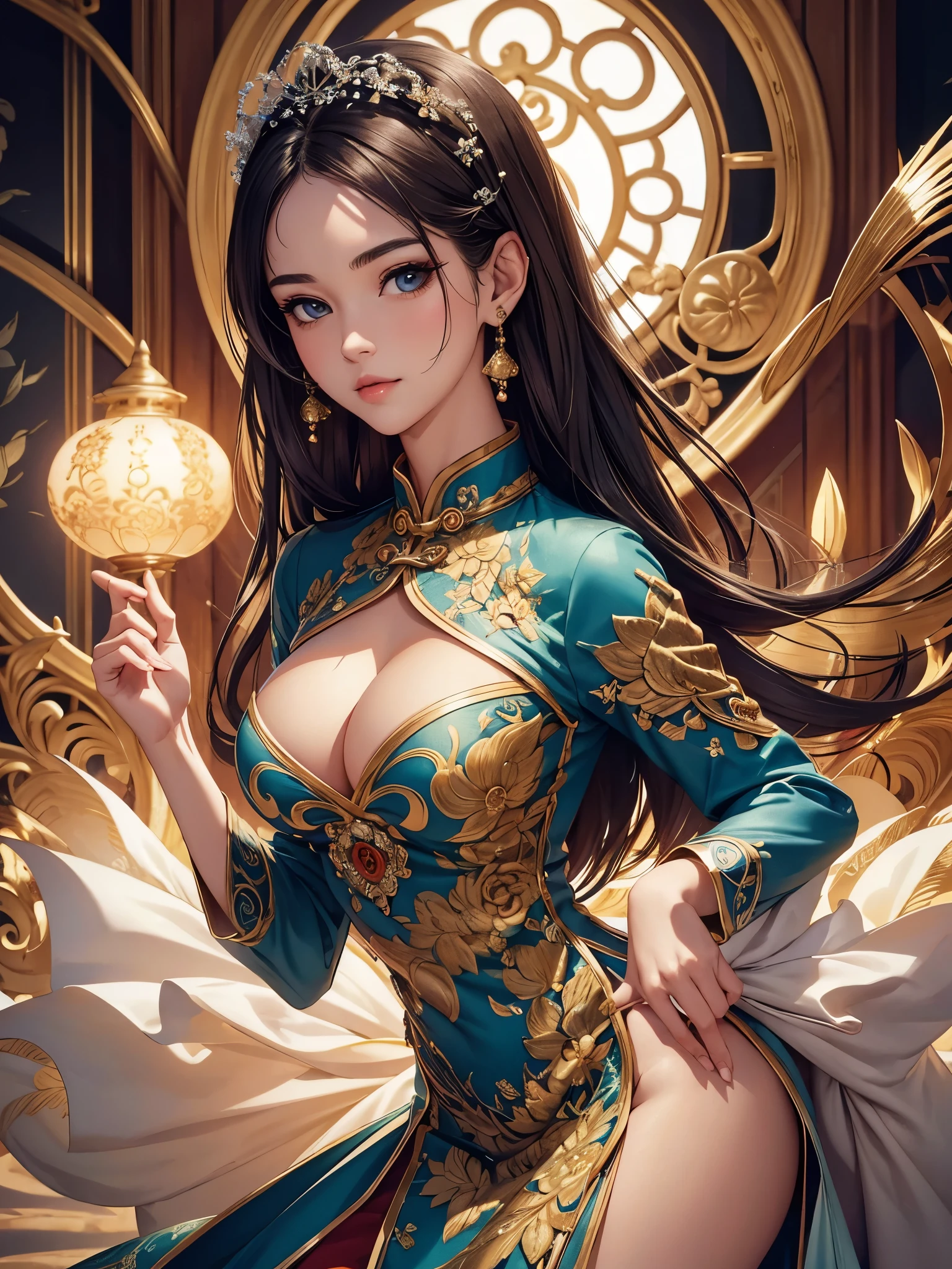 ((highest quality)),(ultra high resolution),(Super detailed),(detailed description),((best CG)),(best work of art),super precision art,amazing drawing art,(Art with precise details:1.5), (1 woman:1.5),(beautiful and well-shaped face:1.6),(A detailed and detailed cheongsam dress:1.6,peacock embroidery)