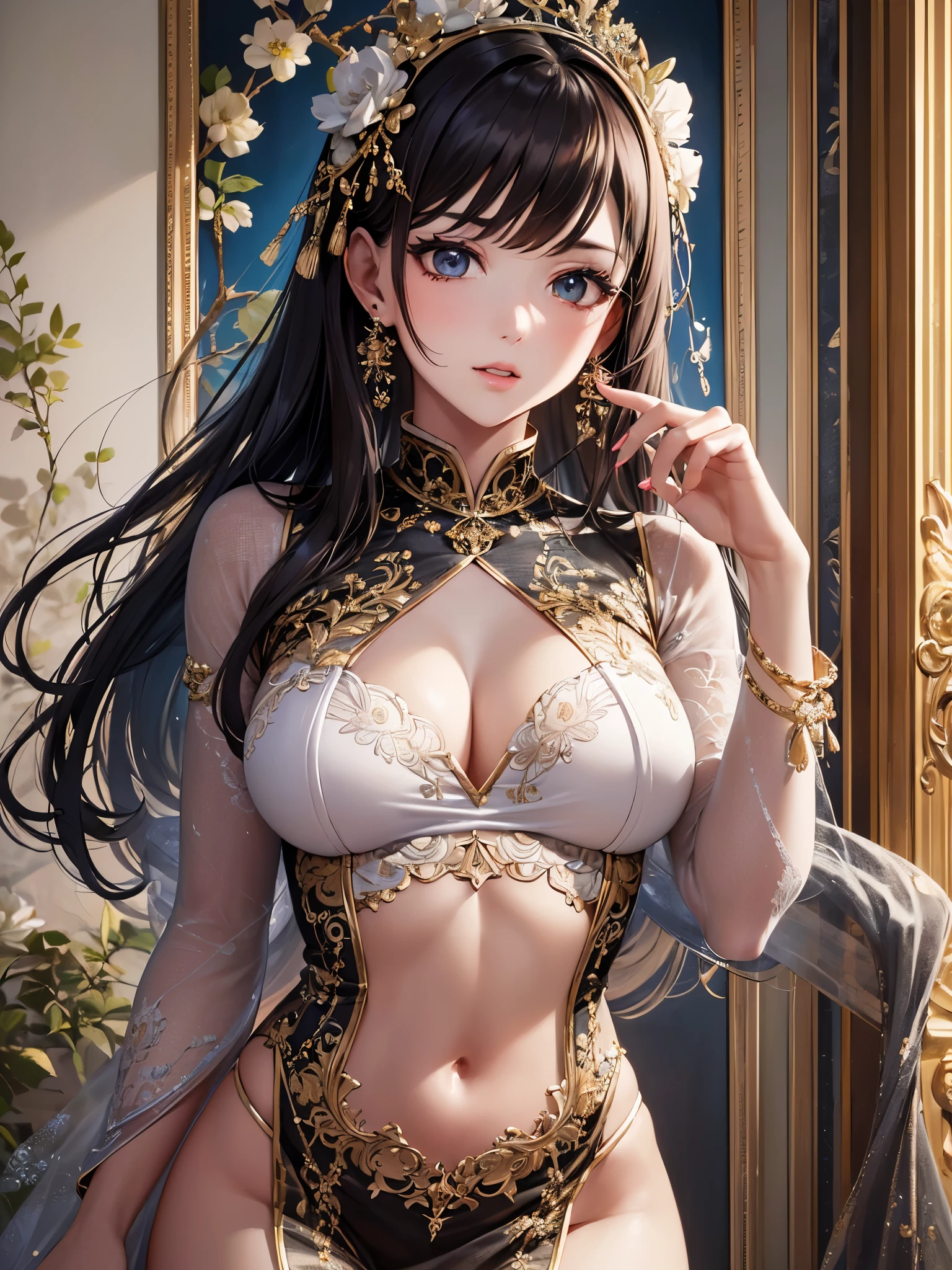 ((highest quality)),(ultra high resolution),(Super detailed),(detailed description),((best CG)),(best work of art),super precision art,amazing drawing art,(Art with precise details:1.5), (1 woman:1.5),(beautiful and well-shaped face:1.6),(A detailed and detailed cheongsam dress:1.6,peacock embroidery)