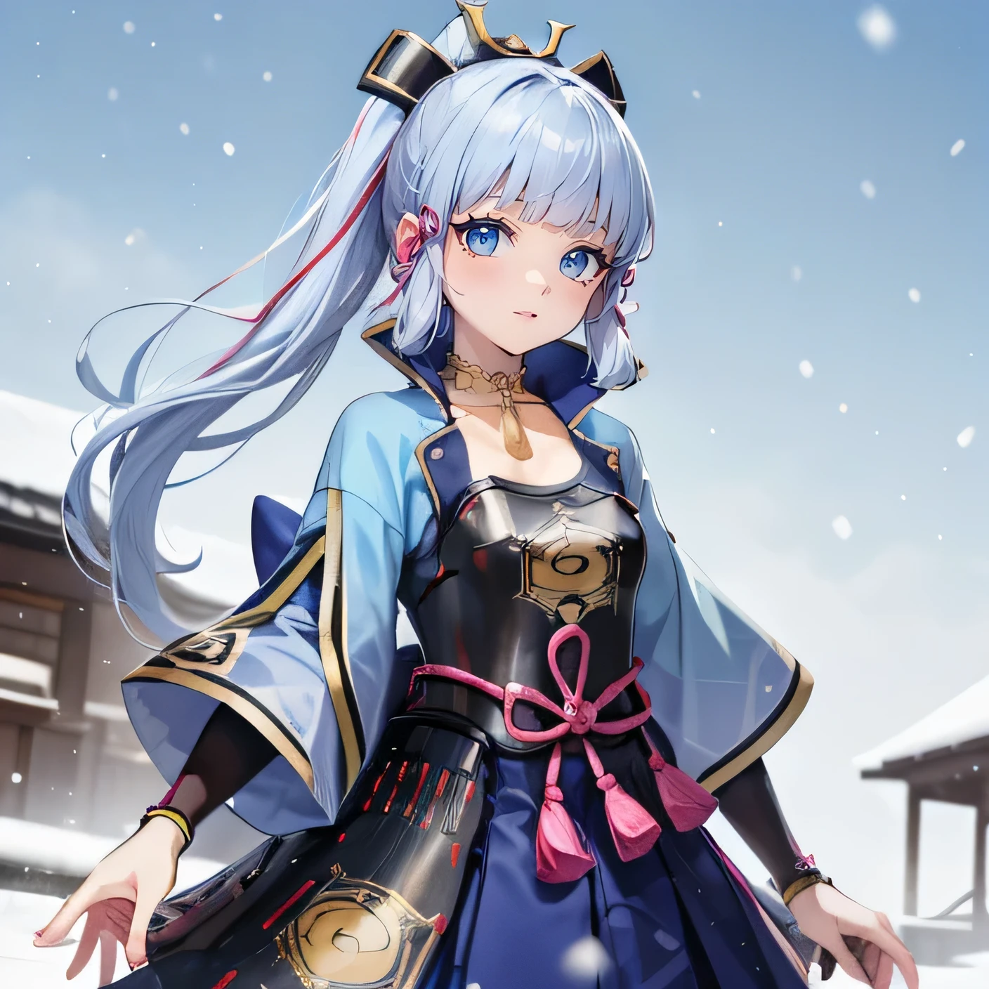 anime style, Kamisatoayakadef, belt, , smile, blush, This'It's snowing outside,This'it's cold outside, dark, simple background, blue sky=, I'm looking at the viewer, =