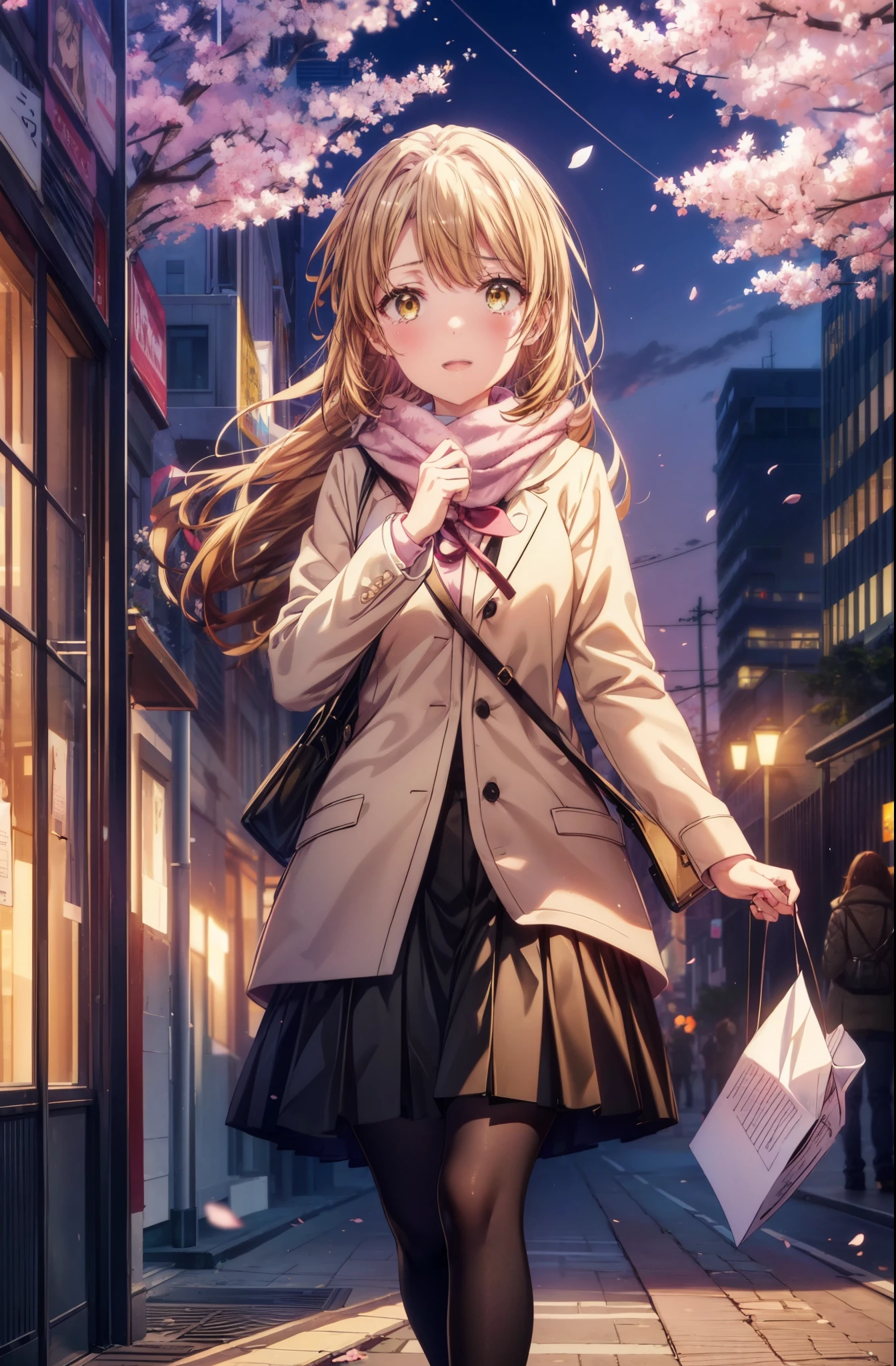 irohaisshiki, iroha isshiki, long hair, short braided hair,ponytail,brown hair, (brown eyes:1.5), smile,yellow muffler,pink long coat　There is space in front,white sweater,black long skirt,black pantyhose,short boots,Big tears are running down her face,Crying with joy,cry a lot,A piece of paper with a large number of numbers written on it is pasted on the bulletin board in front of the school building.,happy crowd,cherry blossoms are blooming,Cherry blossoms are scattered,pink scenery,Announcement of university results,have a piece of paper with numbers written on it,
break outdoors, University buildings,
break looking at viewer,
break (masterpiece:1.2), highest quality, High resolution, unity 8k wallpaper, (figure:0.8), (detailed and beautiful eyes:1.6), highly detailed face, perfect lighting, Very detailed CG, (perfect hands, perfect anatomy),