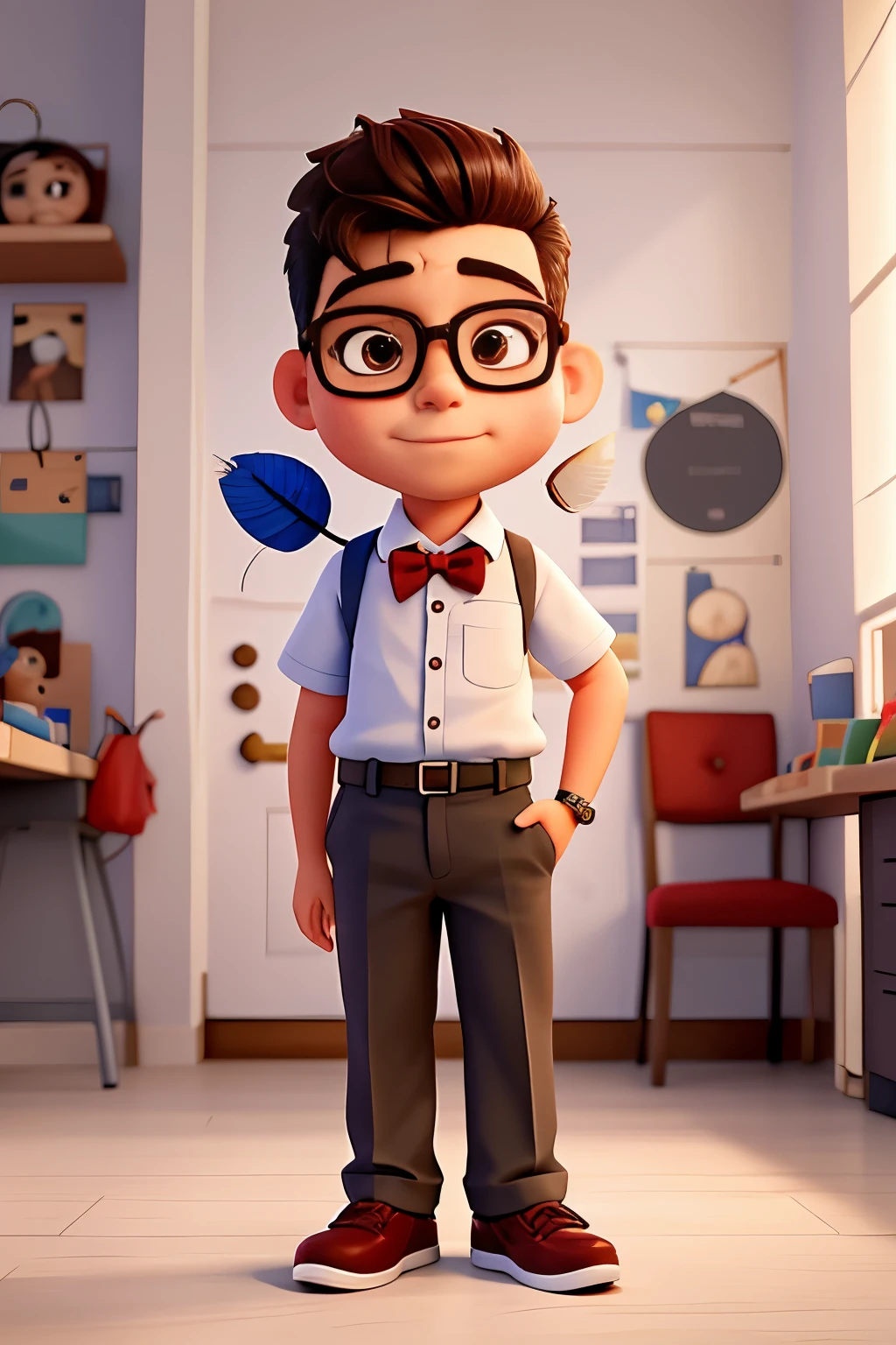 mascote de um menino adolescente magro de estilo caricoso, levemente acima do peso, usando um camiseta vermelha e manchas de nanquim, a smoky nude bow.
yung man, cartoon style, a little chubby, wearing glasses, red plaid shirt, bow tie.
Artista, recent graduate in journalism, sentado em fundo branco, feathers in hands, olhando intencionamento para a frente.
artist, recent journalism graduate, sitting against white background, holding pens, looking determinedly forward.