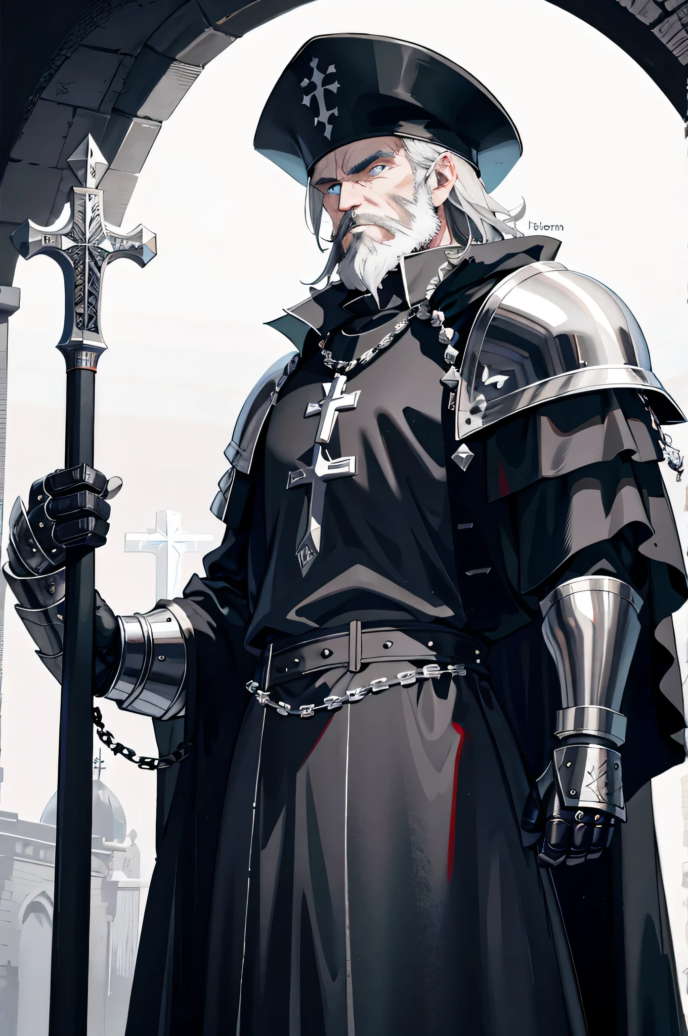 one man, 55 year old knight with a beard, gray hair, white beard, with black cloak, In full medieval plate armor, black cloak, Wearing a simple wide-brimmed hat, vampire hunter d style, flat, 2D, Upper body shot, rosary for necklace, catholic, cool pose, gauntlet, medieval sword,Upper body,detailed face,