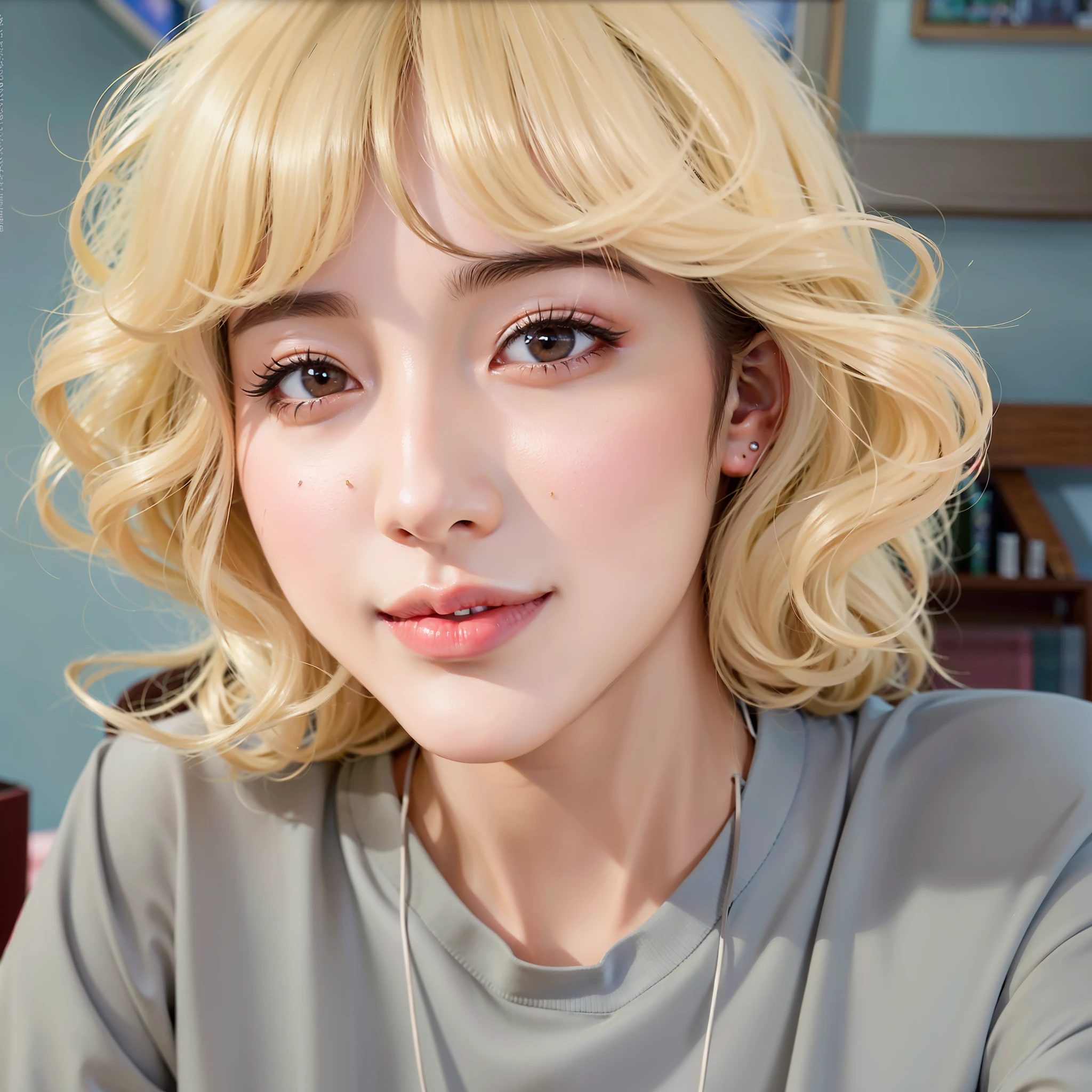 foto arafada de uma mulher com cabelo loiro e um colar, Retrato realista kawaii, com cabelo curto, kpop idol portrait, arte digital but photo, Jinyoung Shin, taejune kim, inspirado em jeonseok lee, retrato colorido, fotorrealista!!!!!!! Estilo de arte, pessoa realista, Jimin, inspirado em Sim Sa-jeong, Sun Yunjoo, [ arte digital ]!!