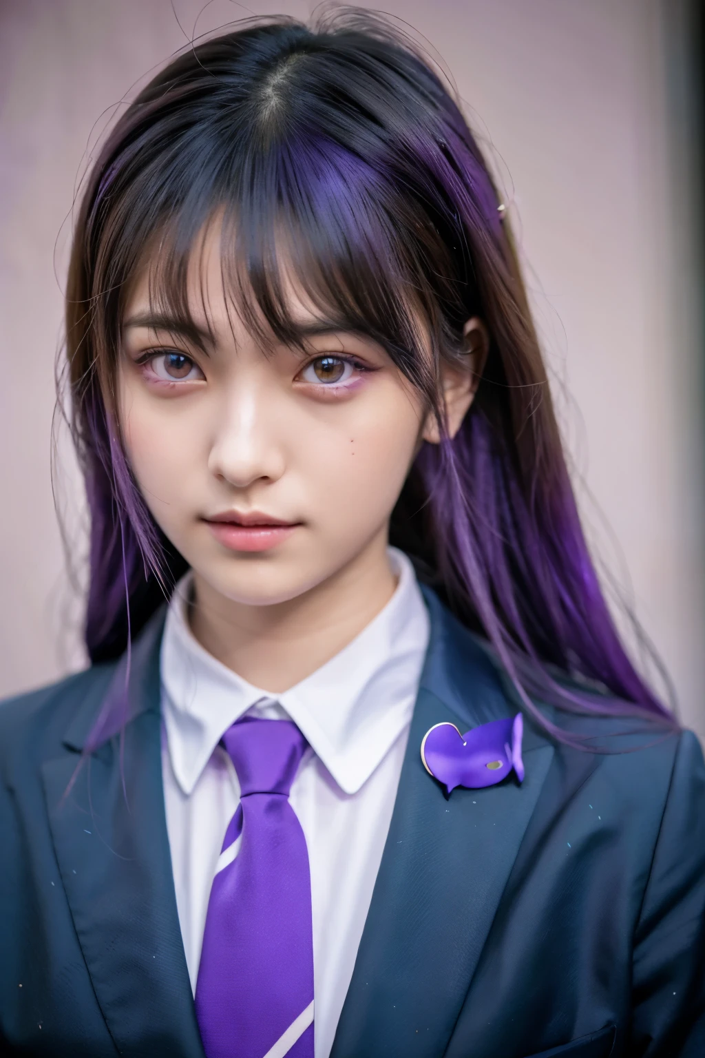 a close up of a person with purple hair and a purple tie, stylized anime, anime moe artstyle, katana zero video game character, anime girl of the future, portrait anime space cadet girl, portrait knights of zodiac girl, close up of a young anime girl, anime stylized, with glowing purple eyes, in an anime style, anime styled 3d