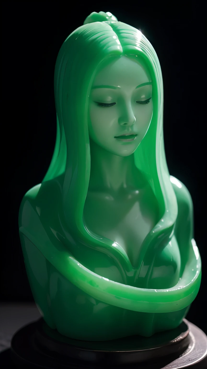 Half body close-up, Jade sculpture, jade carving, Beautiful Korean woman, closed eyes, beautiful thick lips, Dress, Light shining from above, Deep black background, Jade color all over